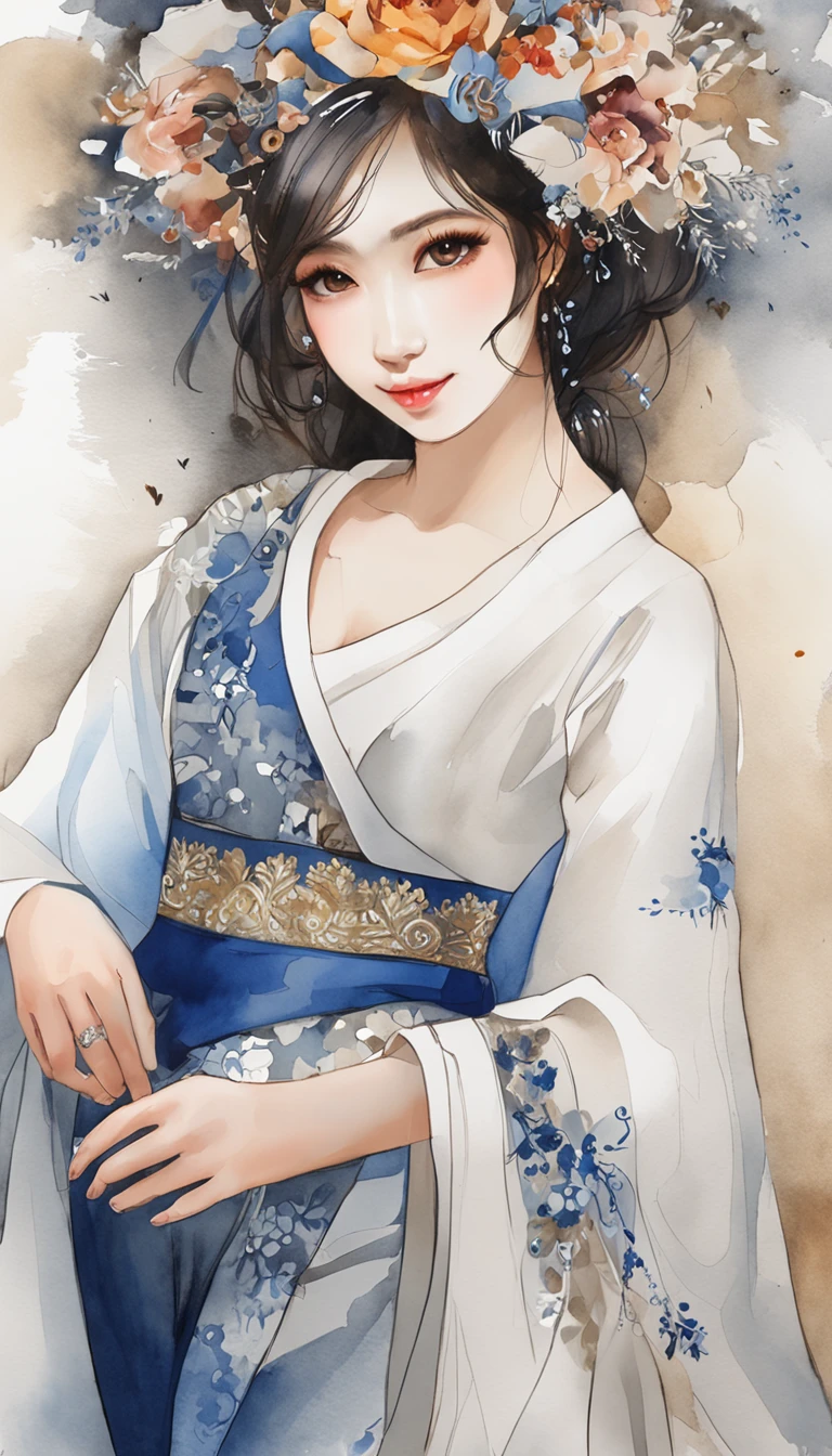 the night,dark blue sky,White floral dress,dignified,slim,standing on your feet,legs crossed, cabelos preto e longos, Long hair and waist, beautiful age girl, Oh, God, Divinity, white headgear,Stand in the attic,Hairline,slanted bangs, shairband, hair adornments, forehead jewel, Jewel branch of Paulai, Crescent hair ornaments, fish hair ornament, God Ray, glitters, cinmatic lighting, Lens glare, UHD, high detal, high qulity, A high resolution, best qualtiy, 8K, 16K, high detal, high qulity, super detailing, anatomy correct, tmasterpiece,((full body)), ((from below))