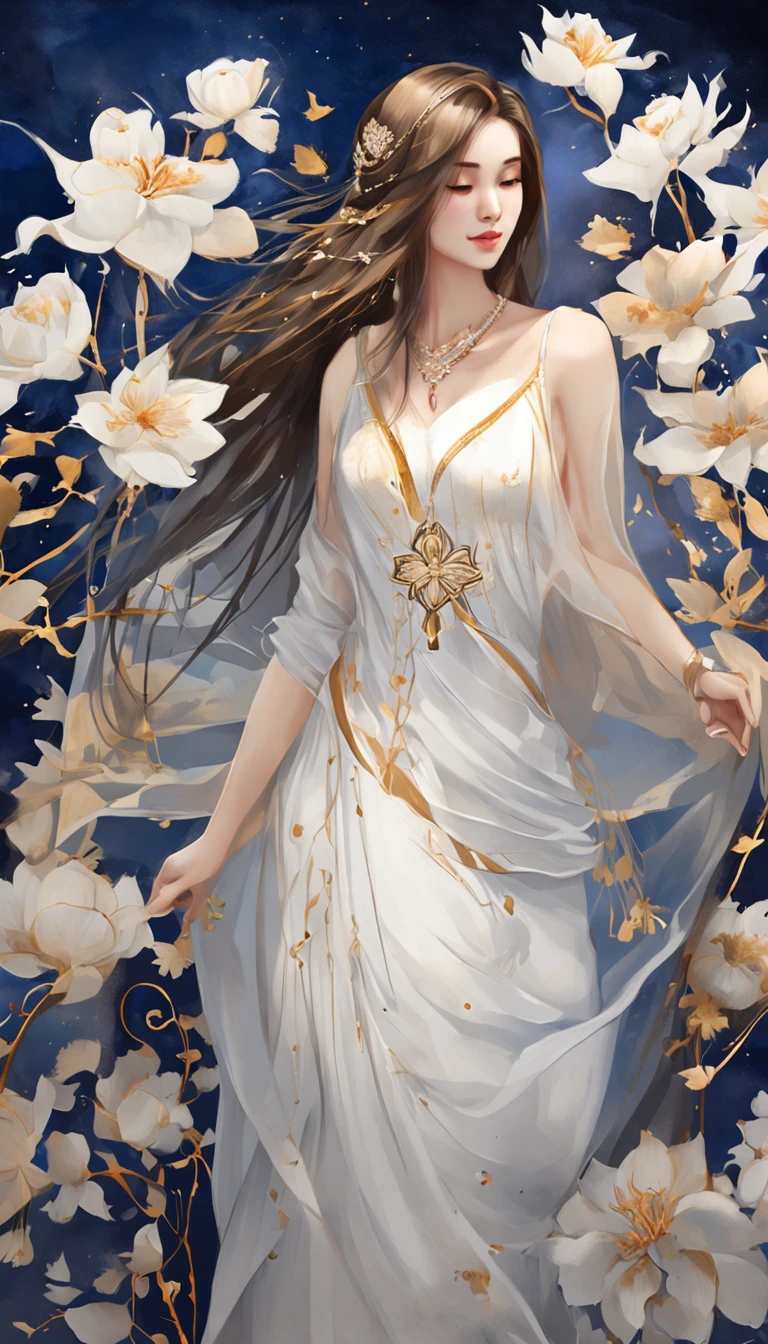 the night,dark blue sky,White floral dress,dignified,slim,standing on your feet,legs crossed, cabelos preto e longos, Long hair and waist, beautiful teenage girl, Oh, God, Divinity, white headgear,Stand in the attic,Hairline,slanted bangs, shairband, hair adornments, forehead jewel, Jewel branch of Paulai, Crescent hair ornaments, fish hair ornament, God Ray, glitters, cinmatic lighting, Lens glare, UHD, high detal, high qulity, A high resolution, best qualtiy, 8K, 16K, high detal, high qulity, super detailing, anatomy correct, tmasterpiece,((full body)), ((from below))