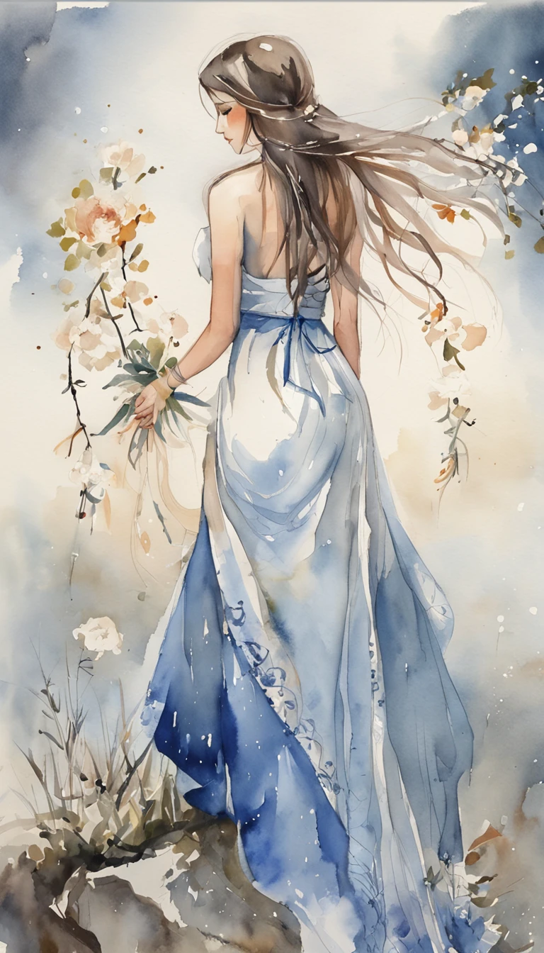 the night,dark blue sky,White floral dress,dignified,slim,standing on your feet,legs crossed, cabelos preto e longos, Long hair and waist, beautiful teenage girl, Oh, God, Divinity, white headgear,Stand in the attic,Hairline,slanted bangs, shairband, hair adornments, forehead jewel, Jewel branch of Paulai, Crescent hair ornaments, fish hair ornament, God Ray, glitters, cinmatic lighting, Lens glare, UHD, high detal, high qulity, A high resolution, best qualtiy, 8K, 16K, high detal, high qulity, super detailing, anatomy correct, tmasterpiece,((full body)), ((from below))