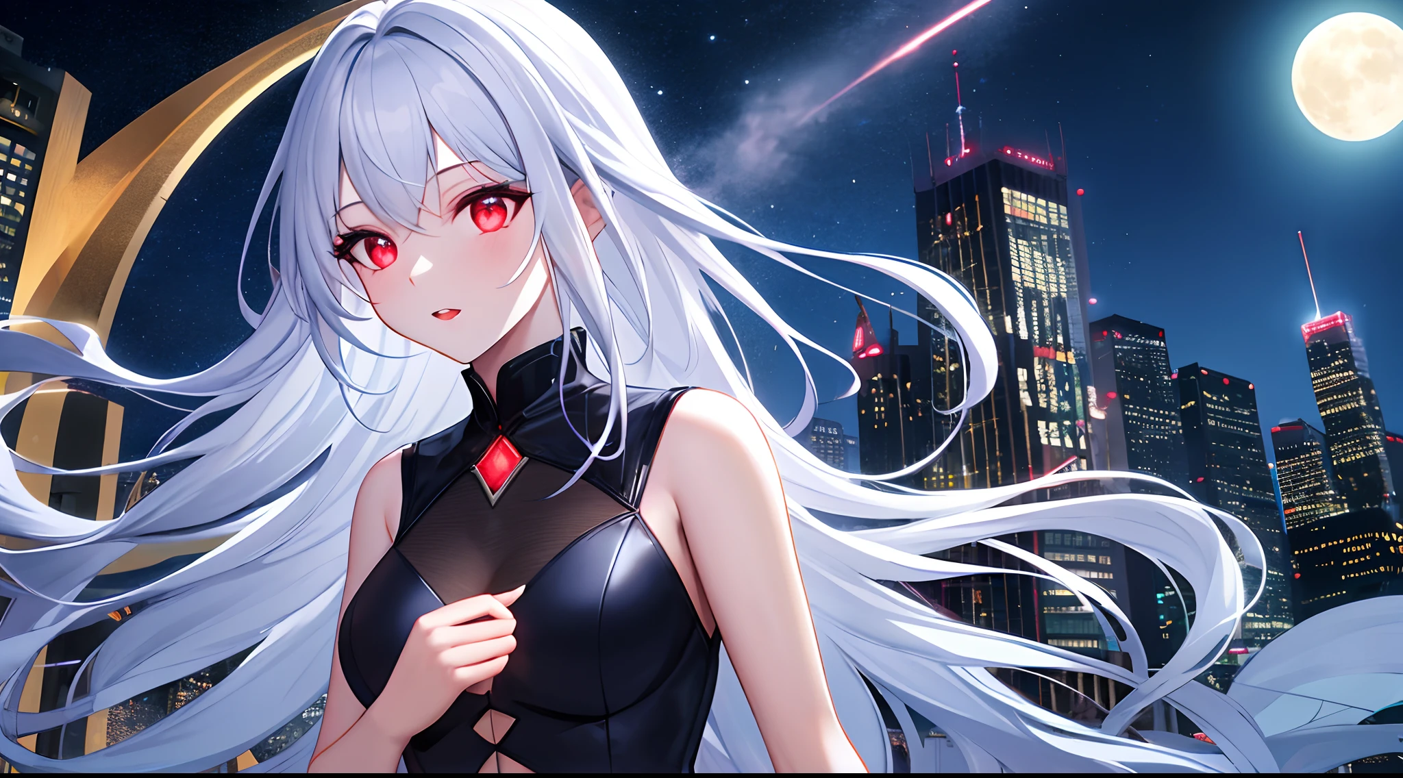 ((masterpiece, best quality, high detailed, highres, 16k, uhd)), 1girl, sharp face, vampire, upper body portrait, floating hair, expressive hair, long hair, white hair, red eyes, beautiful detailed eyes, glowing red eyes, high detailed eyes, (amazing background, hyper detailed, full moon glowing in the night sky, city, atand up in top building, ambient illumination, high illumination by moon light),