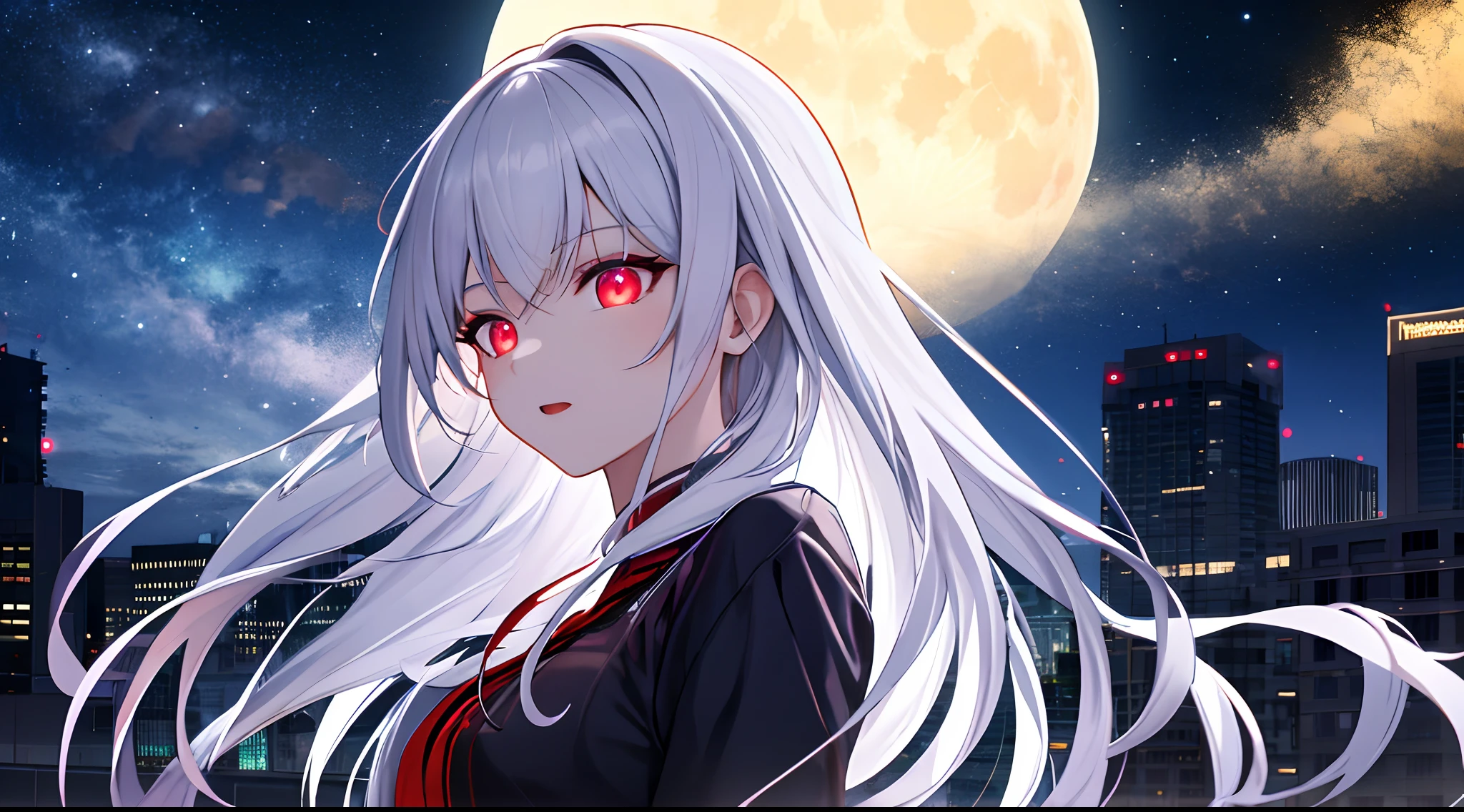 ((masterpiece, best quality, high detailed, highres, 16k, uhd)), 1girl, sharp face, vampire, upper body portrait, floating hair, expressive hair, long hair, white hair, red eyes, beautiful detailed eyes, glowing red eyes, high detailed eyes, (amazing background, hyper detailed, full moon glowing in the night sky, city, atand up in top building, ambient illumination, high illumination by moon light),