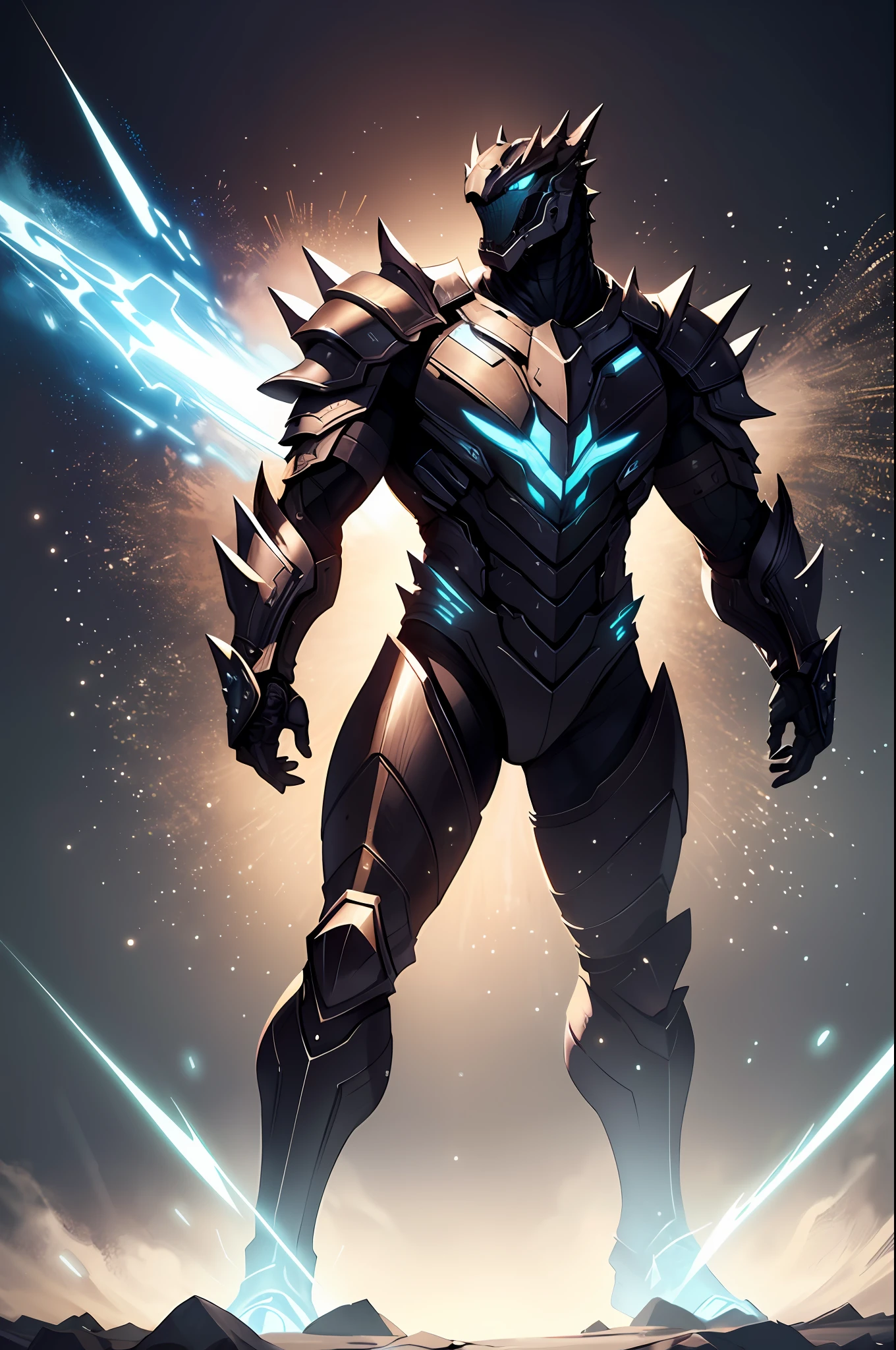 A high-tech combat armor suit inspired by Godzilla concept, Godzilla concept biotech battle armor, (Natural light, professional lighting:1.2, cinematic lighting:1.5, best shadow), (masterpiece:1.5), high definition, best quality, ultra-detailed, extremely delicate, anatomically correct, creativity, RAW photo, unreal engine 5, High-tech armored suits, psychedelic details, BiophyllTech, (add electric power around), fantasy, ultra intricately detailed, Ultra-complex design, A bio-sensitive high-tech battle armor suit infused with Godzilla characteristics, The angular design on the body is illuminated and the display is charging, (energy waves, Energy particles), octane render, perfect images quality, realistic, sure real, full hd, 32k, ((character concept art)), full body character drawing