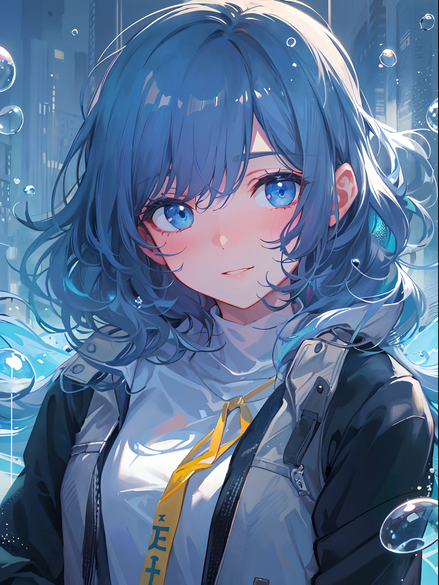 ((top-quality)), ((​masterpiece)), ((ultra-detailliert)), (extremely delicate and beautiful), girl with, 独奏, cold attitude,((Black jacket)),She is very(relax)with  the(Settled down)Looks,A dark-haired, depth of fields,evil smile,Bubble, under the water, Air bubble,bright light blue eyes,Inner color with light blue hair and dark blue tips,Cold background,Bob Hair - Linear Art, shortpants、knee high socks、White uniform like school uniform、Light blue ribbon ties、Clothes are sheer、Hands in pockets