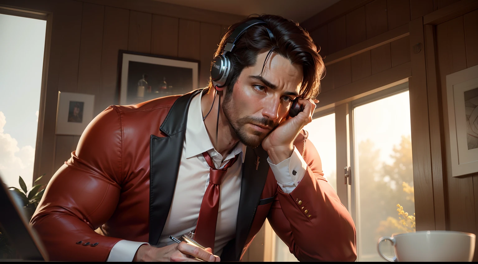 1man,A 30-year-old muscular male,Wearing red headphones,Wear a long-sleeved white shirt and tie,drinking a coffee,gentlesoftlighting,tmasterpiece,best qualtiy,8K UHD,digital SLR camera,filmgrain,Fujifilm XT3 realistic painting art by Midjourney and Greg Rutkowski