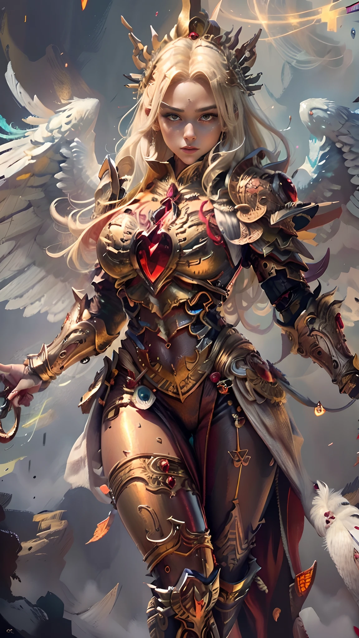 (Masterpiece), in full golden angel armor, Top Quality, Expressive Eyes, Perfect Face, Red skin, Feathers on Legs and Arms, Angel woman, light magic, Light orb palm spell, 8k_wallpaper, highly detailed eyes, body detail very tall, very detailed finger, (digital artwork), (detailed manga illustration), (detailed line art), (perfect)) anatomy, best hand)), (intricate detail: 1.3), (very detailed: 1.3 ), (illustration :1.3 ), (sharp focus:1.3), (natural light:1.05), (bright color:1.3),