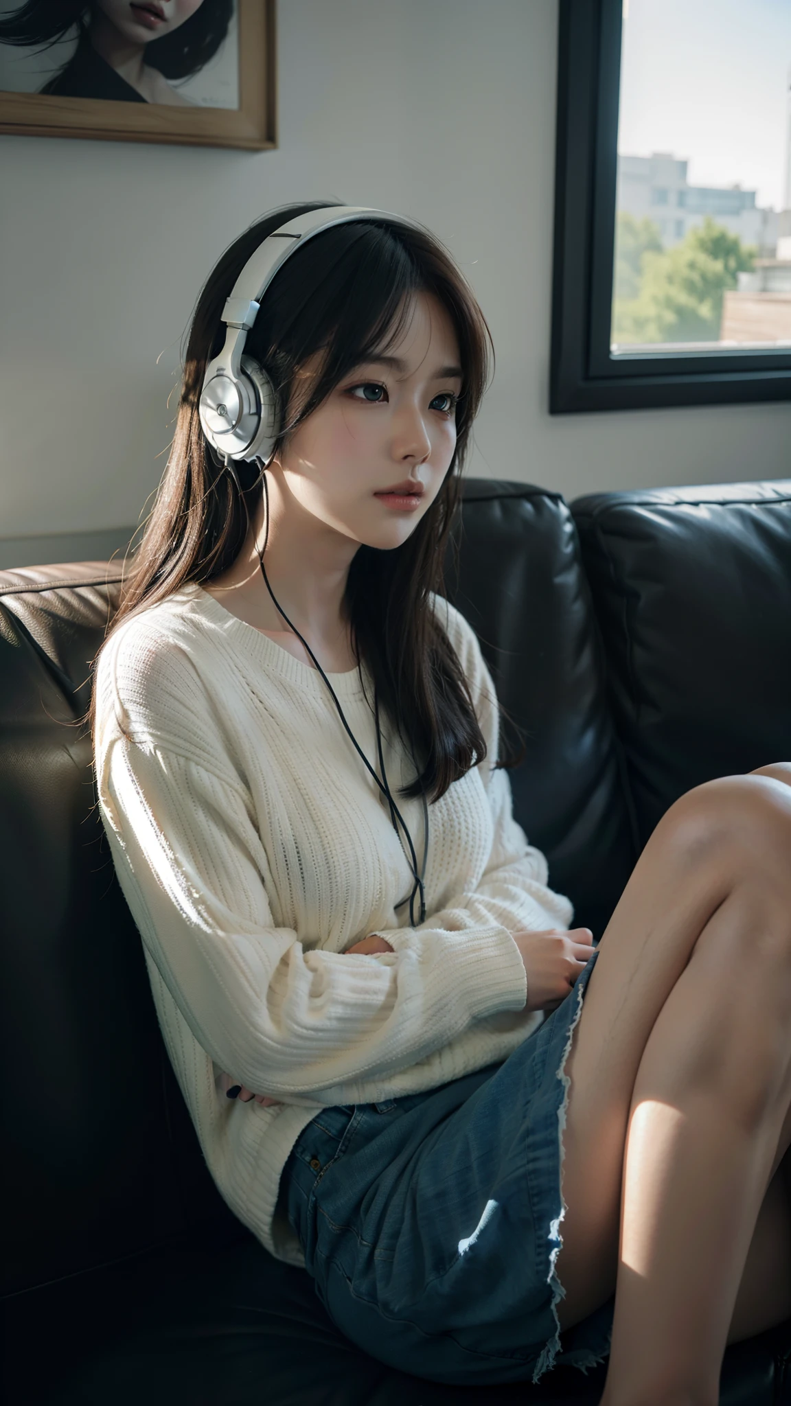 There is a woman sitting on a sofa wearing headphones, a photorealistic painting inspired by Ayami Kojima, Trend of CGsociety, Digital art, realistic art style, with headphone, photorealistic art style, Casual pose, photo-realistic low lighting, photorealistic anime girl rendering, photorealistic 35mm, with headphone, realistic soft lighting