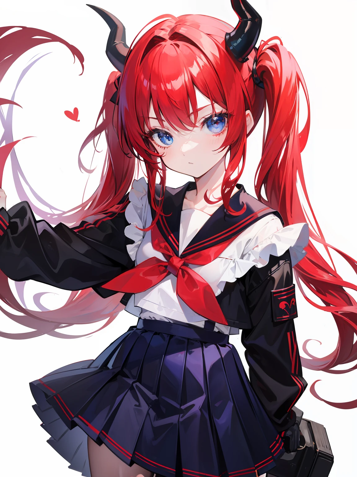 red hair, blue eyes, twintails, Sailor suit,black coat, Dragon horns,Pleated skirt,solo,loli,cute,bow