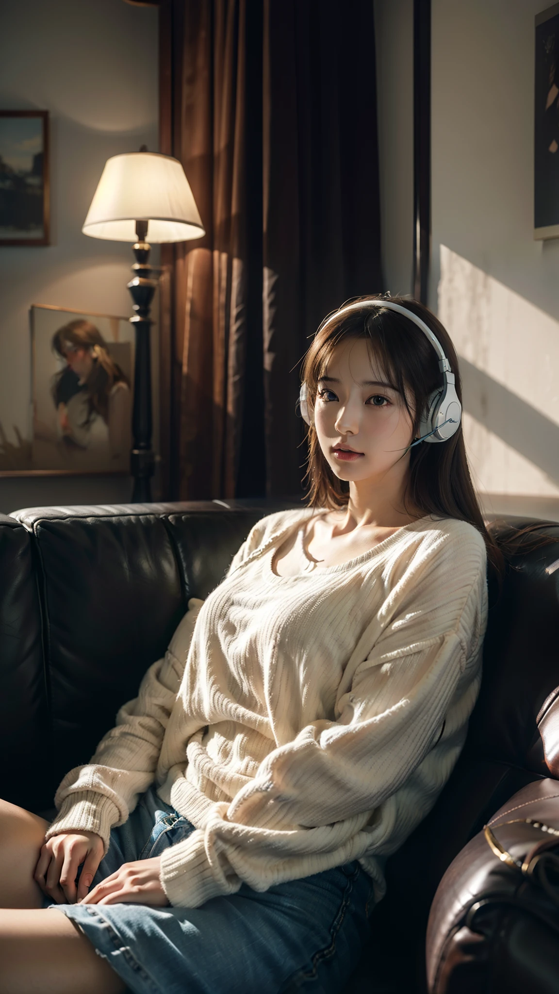 There was a woman sitting on a couch wearing headphones, a photorealistic painting inspired by Ayami Kojima, Trend of CGsociety, Digital art, Realistic art style, with headphone, Photorealistic art style, Casual pose, photo-realistic low lighting, photorealistic anime girl rendering, photorealistic 35mm, with headphone, realistic soft lighting