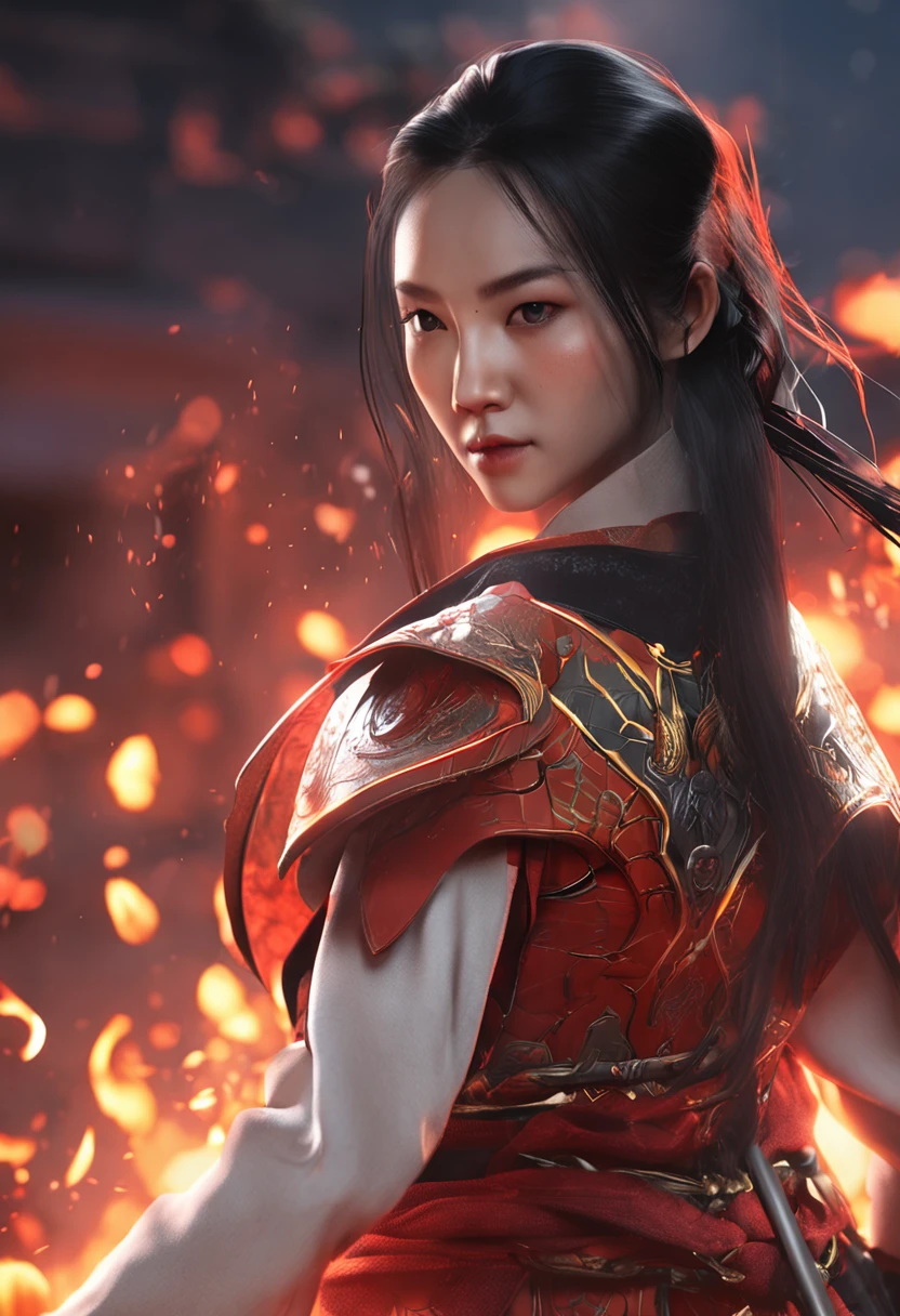 A young female swordsman in ancient China，3D shaped face，Fierce eyes，Fair and delicate skin，Exquisite facial features，Put on lightning。Chinese big knife，Glow，Glow，fire glow，impact，blasts，red colour，Orange colors，Long shots，full bodyesbian，Swoop punch，motionblur，Fine depiction，realistic detail，Complex scenes。hyper realisitc，unreal-engine，3Drenderingof，oc rendered，HD C4，8K -- with 1:1 --s 180 --niji 5