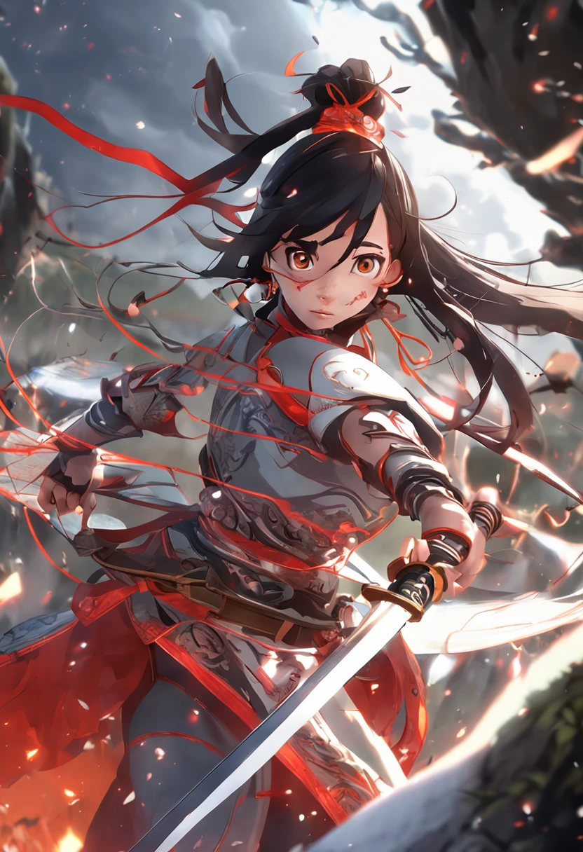 A young female swordsman in ancient China,3D shaped face,Fierce eyes,Fair and delicate skin,Exquisite facial features,Put on lightning。Chinese big knife,Glow,Glow,fire glow,impact,blasts,red colour,Orange colors,Long shots,full bodyesbian,Swoop punch,motionblur,Fine depiction,realistic detail,Complex scenes。hyper realisitc,unreal-engine,3Drenderingof,oc rendered,HD C4,8K -- with 1:1 --s 180 --niji 5
