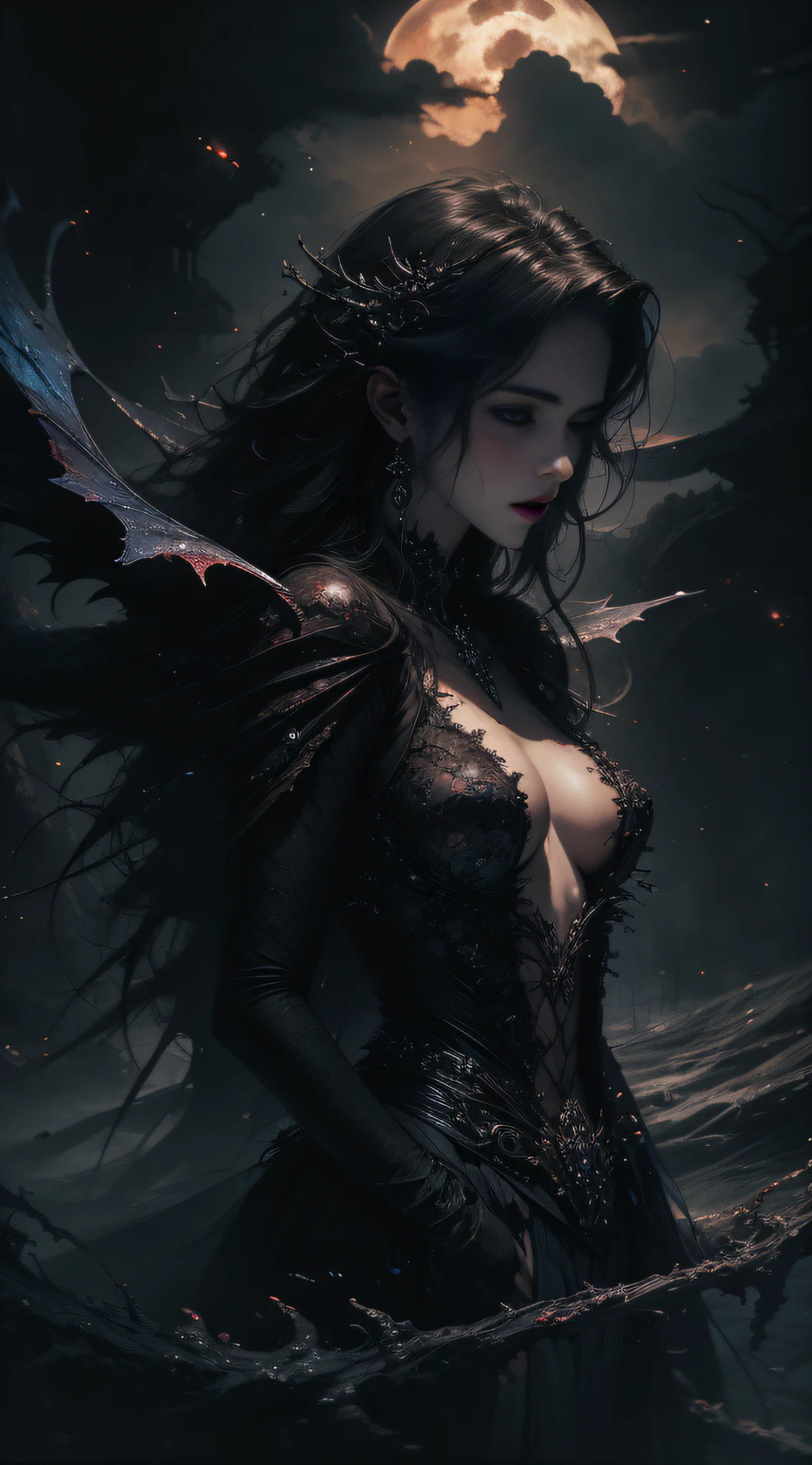 （（best qualtiy））， （（tmasterpiece））， （A detailed）， 1 Vampire，seductive succubus， （（Blood on the face）），（（ blood on body））， blood spatter， Ethereal beauty， perched on a cloud， （Fantasy illustration：1.3）， a captivating gaze， captivating posture， delicate wings， otherworldly charm， mystical sky， （Luis Royo：1.2）， （Yoshitaka Amano：1.1）， a moonlit night， pastelcolor， （detailed cloudscape：1.3）， （A high resolution：1.2）