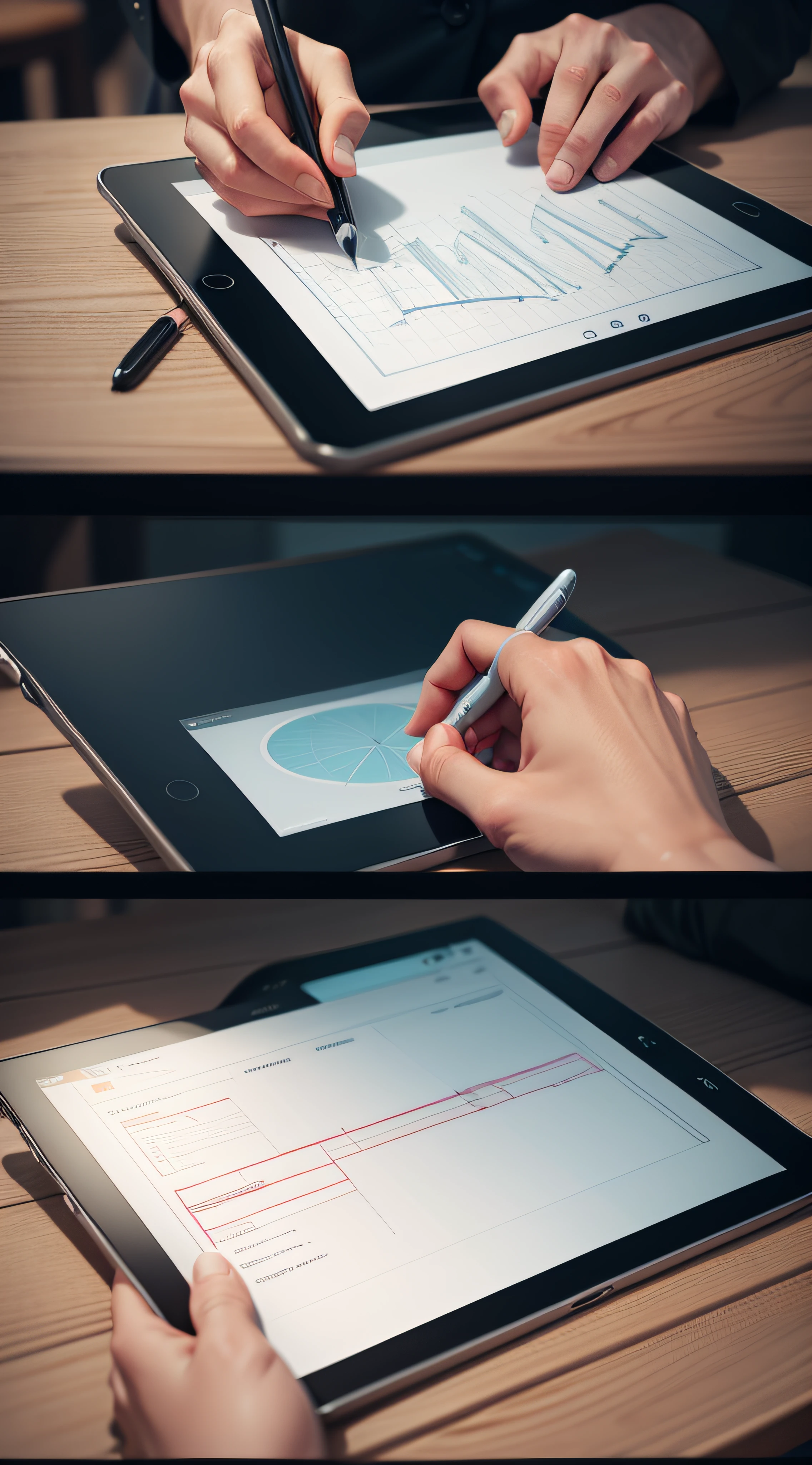 Hands sketching out an infographic on a tablet