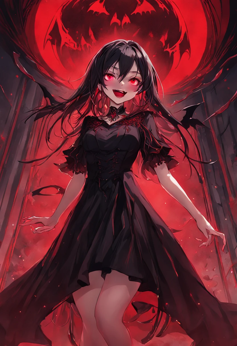 (best quality), (masterpiece), (photorealistic), (realistic), super detailed, unity 8k wallpaper, highly detailed cg, ray tracking, sharp shadows, great detail, depth of field, super detailed background, As the crimson moon shed black tears, the crimson eyes of a dark-haired beauty flickered eerily. She is a vampire, her eyes smiling at her prey. Her black dress is red embroidered in a delicate and intricate design. Detailed drawing. Vivid colors. High picture quality. (Kneeling, leaning forward, Place your hands on the floor in front of you):2. (mouth open to show fangs. Red lips):1.6. (shot from the grand, from below):1.4, (Gothic makeup):1.8, upthrust, Red and Gray Room