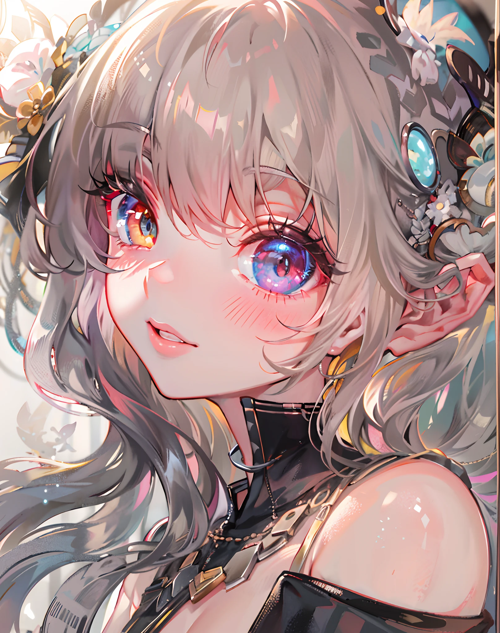 {{Masterpiece}},Best quality at best,Very detailed CG unity 8K wallpaper,Sweet girl,The upper part of the body,Cover your hands,Bigchest,电影灯光,lens flare glow,beatiful detailed eyes,black in color,side looking,multicolour hair,Colorful light,particulate,Heterochromia,(a color:1.5),(The color hair:1.5),perfect bodies,Perfect face,fashionable attire,clothes see-through,There is light in the eyes,Colored shiny spots,Bright eyes,Smile sweetly,Blushlush,Beautiful face,perfect bodies