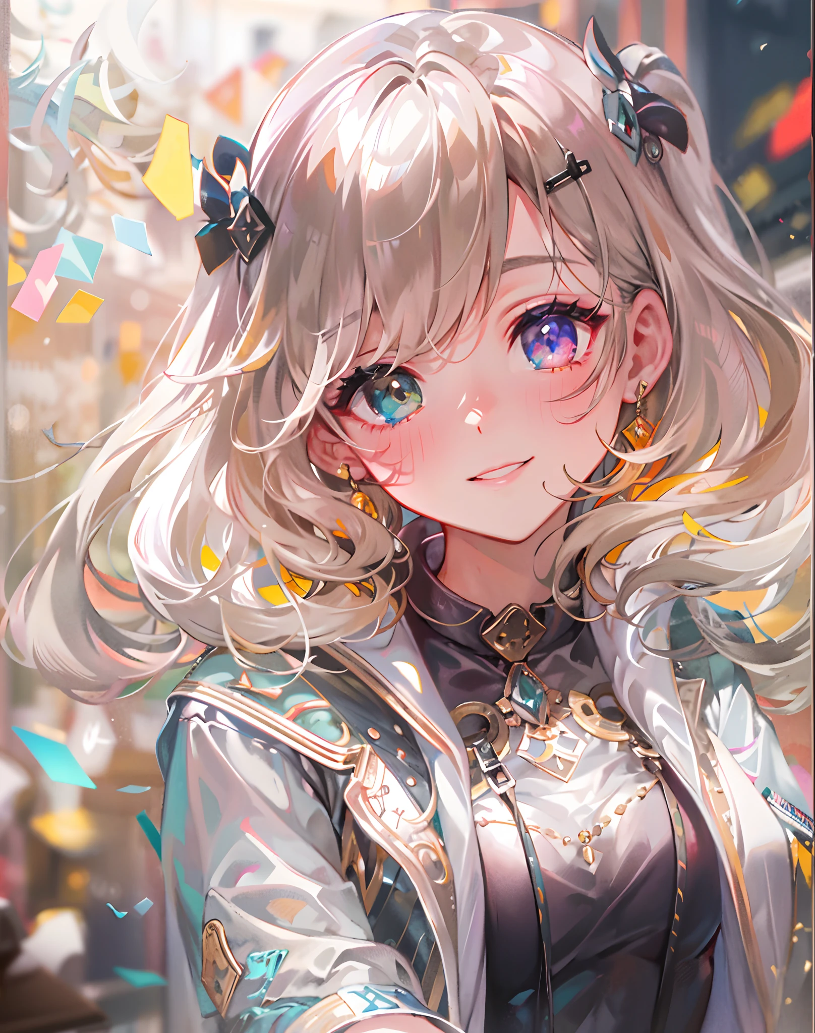 {{Masterpiece}},Best quality at best,Very detailed CG unity 8K wallpaper,Sweet girl,The upper part of the body,Cover your hands,Bigchest,电影灯光,lens flare glow,beatiful detailed eyes,black in color,side looking,multicolour hair,Colorful light,particulate,Heterochromia,(a color:1.5),(The color hair:1.5),perfect bodies,Perfect face,fashionable attire,clothes see-through,There is light in the eyes,Colored shiny spots,Bright eyes,Smile sweetly,Blushlush,Beautiful face,perfect bodies