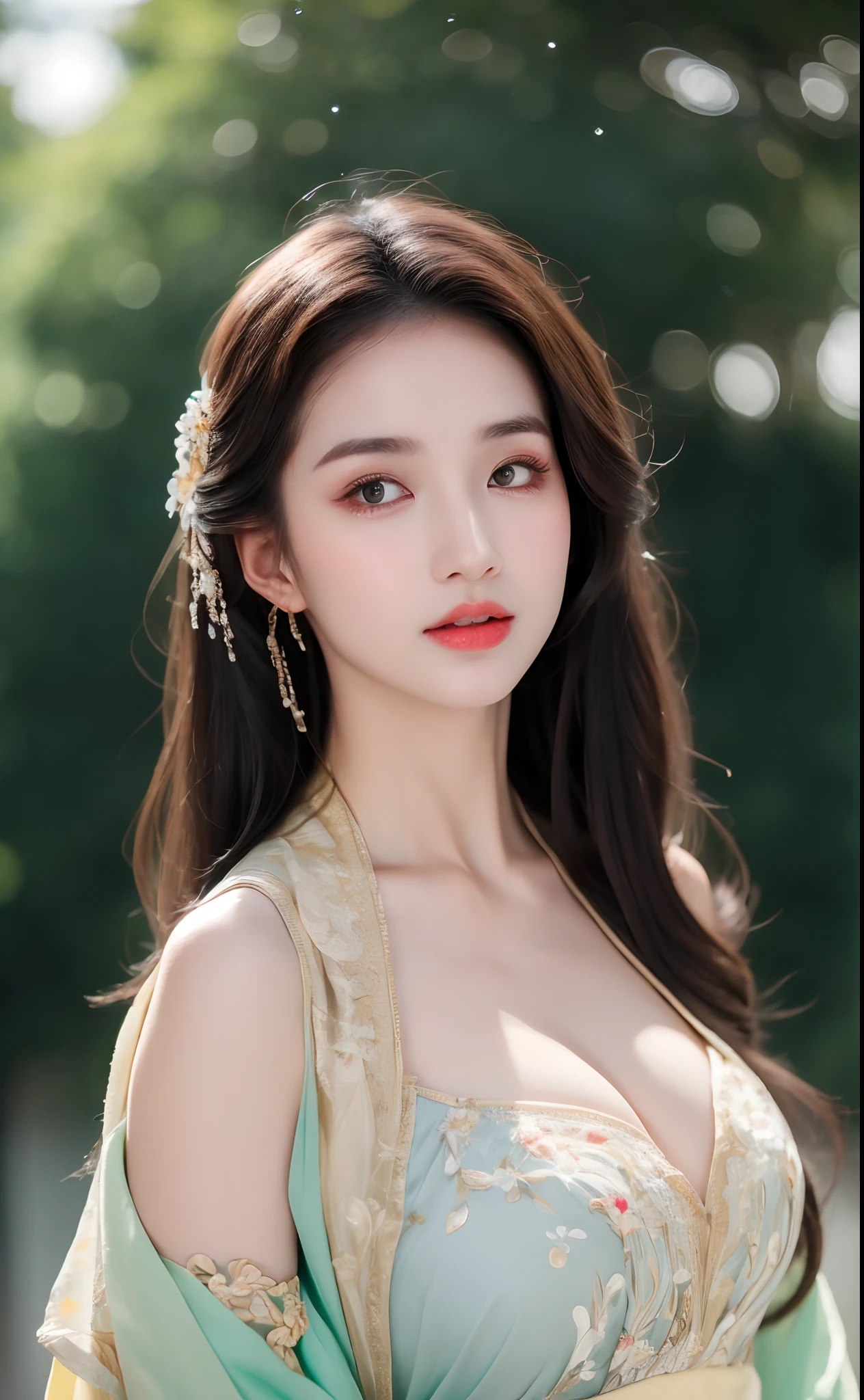 ((Best Quality, 8k, Masterpiece: 1.3)), Focus: 1.2, Perfect Body Beauty: 1.4, Buttocks: 1.2, ((Layered Haircut)), (Wet Clothes: 1.1), (Rain, Street:1.3), (Breasts: 1.2), (Hanfu: 1.2), Bare Shoulders, Bare Legs, Highly Detailed Face and Skin Texture, Fine Eyes, Double Eyelids, Whitened Skin, Long Hair, (Shut Up: 1.5), (Bokeh Background: 1.5), Big Breasts