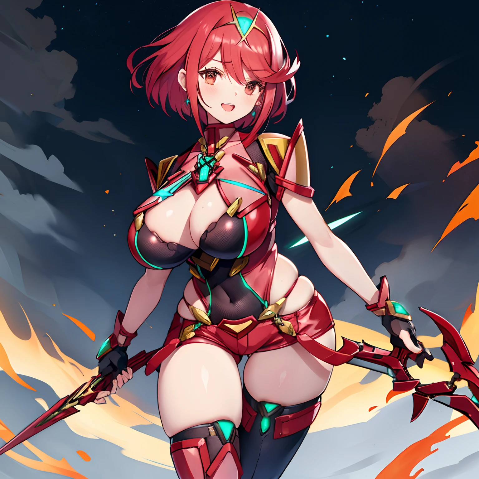 pyra \(Xenoblade\), _1girl in, armor, Bangs, Black Gloves, breasts, Red Eyes, Closed mouth, earrings, Eyelashes, Fingerless gloves, Floating hair, framed breasts, Pedras preciosas, gloves, Hair Ornament, headpiece, Jewelry, Big_breasts, Leaning back, Leotard, neon trim, Official art, Pose, Red hair, Red shorts, Masatsugu Saito, Short hair, Short shorts, Short sleeves, Shorts, side locks, Skin Tight, Solo, Standing, swept bangs, thighs thighs thighs thighs, tiarra, Night_grass field_Background, turtle neck, Underbust, vambraces, Xenoblade Chronicles \(Series\), (Xenoblade Chronicles 2), apart_Legs, fire_effect,Dynamic_Pose,Fighting,light_Smile, (Plump:1.1), Big_Ass,Huge_Sword, Hold_Large_Sword_grip, Solo, Covered_Nipples, Covered_cunt,Open_Mouth,Back_View, faust,