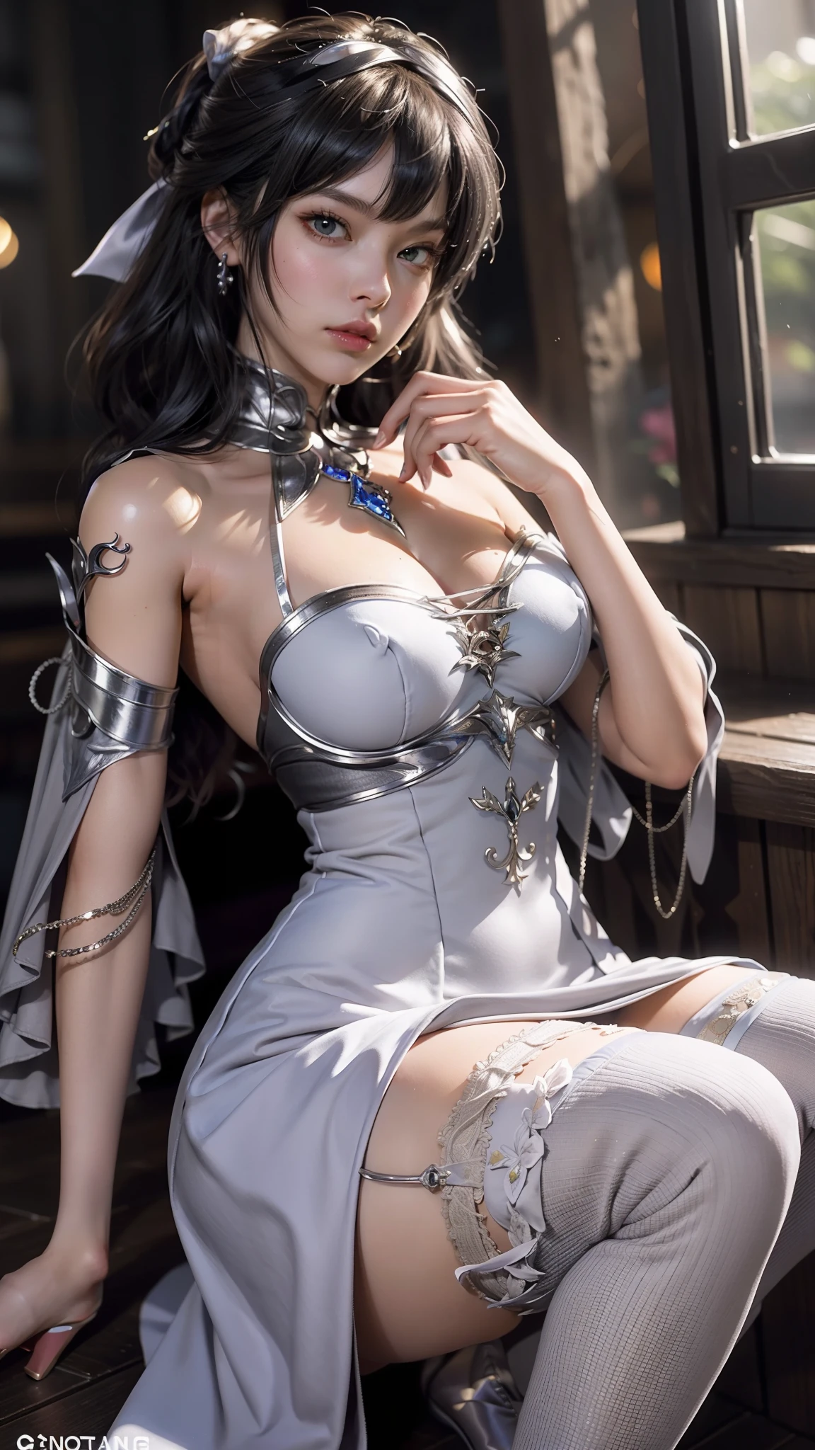 Arad woman in dress sitting on windowsill, cute anime waifu in a nice dress, trending on cgstation, 8K high quality detailed art, anime barbie in white stockings, highly detailed exquisite fanart, Extremely detailed Artgerm, the anime girl is crouching, flowing magical robe, beautiful and seductive anime woman, WLOP and Sakimichan