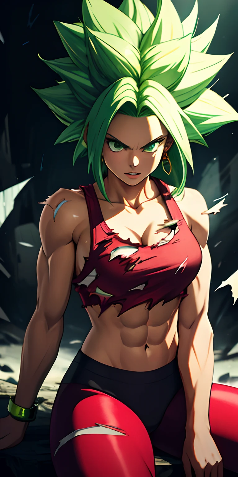 (Masterpiece, Best quality, Ultra-detailed, A high resolution, Best Illustration), 1girll,cowboy shot of beautiful xyzkefla  super saiyan, Green hair, Green eyes, spiked hair, energy, (Torn clothes:1.2), jewelry, Aura, Leggings, Red clothing, Detailed, Sharp focus, Dramatic, Cinematic lighting, body builder, Sit down