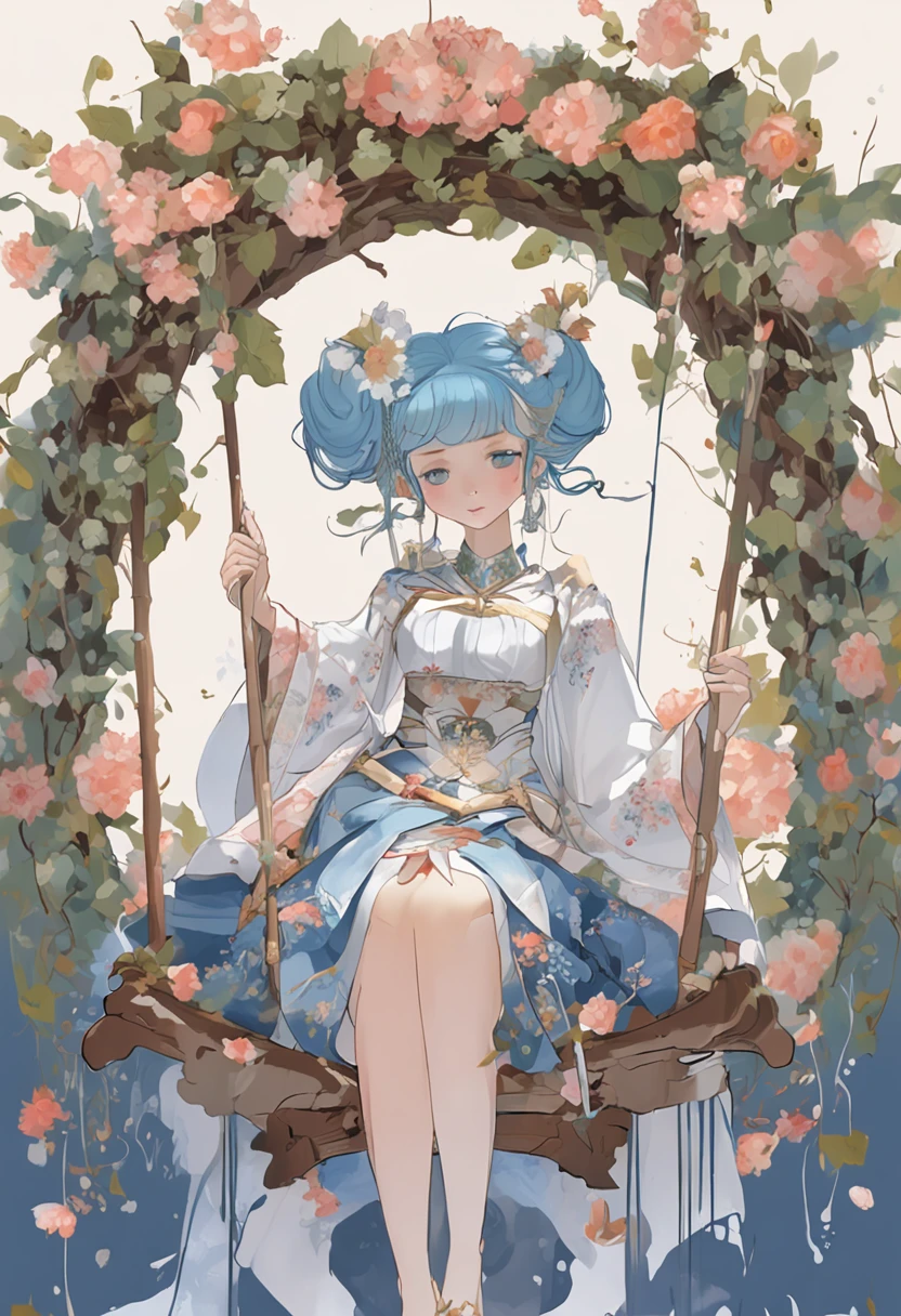 (in a panoramic view,Whole body diagram:1.5),(1 delicate girl playing on the swing),(Vine swing,Anime girl with blue hair and white dress with flower crown,palaces,hanfugirl),(Guviz-style artwork,Guvitz,inspired by Leng Mei,A beautiful fantasy queen,Inspired by Lee Mei Shu,Popular on CGstation,Inspired by Ai Xuan,Blue and white Hanfu,High heels,a beautiful fantasy empress:1.5),(A flowing dress,conservative girl,cloud goddess,Flowing blue and white patterned fabric,wearing flowing dress,Realistic), (Wind: 1.5),(full bodyesbian:1.5),(senior color matching,gradient backgrounds,white backgrounid)