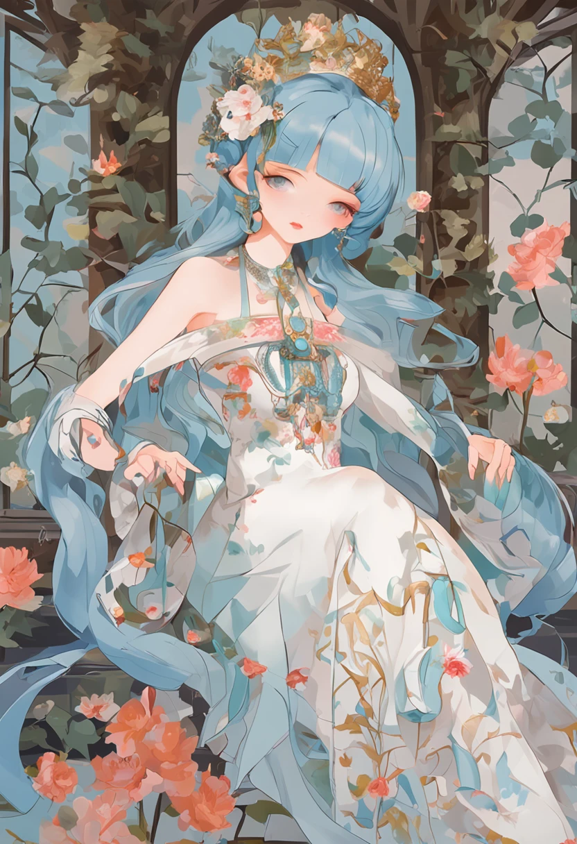 （in a panoramic view，Whole body diagram：1.5），（1 delicate girl playing on the swing），（Vine swing，Anime girl with blue hair and white dress with flower crown，palaces，hanfugirl），（Guviz-style artwork，Guvitz，inspired by Leng Mei，A beautiful fantasy queen，Inspired by Lee Mei Shu，Popular on CGstation，Inspired by Ai Xuan，Blue and white Hanfu，High heels，a beautiful fantasy empress：1.5），（A flowing dress，conservative girl，cloud goddess，Flowing blue and white patterned fabric，wearing flowing dress，Realistic）， (Wind: 1.5)，(full bodyesbian:1.5)，（senior color matching，gradient backgrounds，white backgrounid）