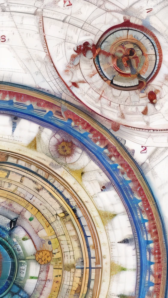 Close-up of a clock graph with many circles, beautiful cosmic neural network, geometry and astrology, intricate machine in space, Incredible cosmic geometry, Precision planetary gears, Highly detailed fractals, Elegant and complex charts, fibonacci fractals, Quantum fractals, Upper Paleomystical Cosmology