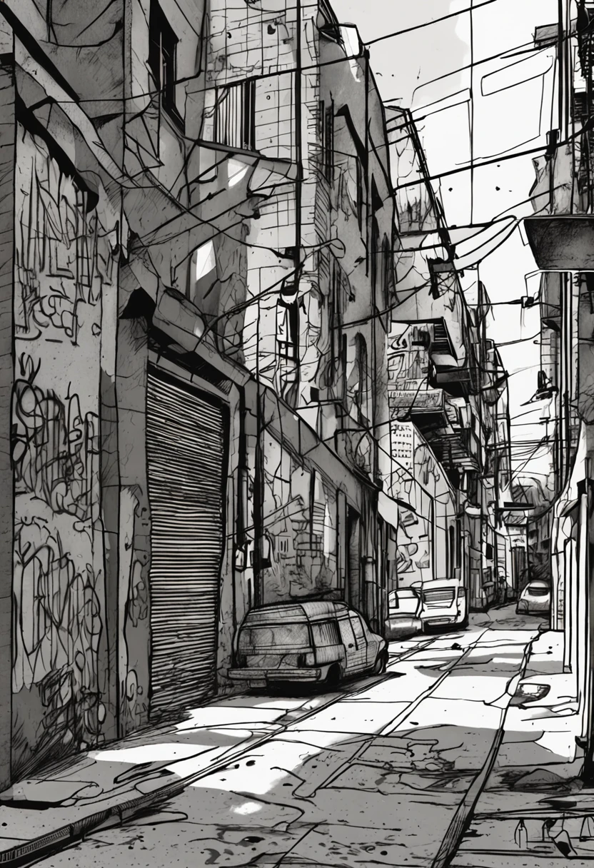 Uma estampa grunge que transporta o espectador para um beco urbano repleto de texturas arenosas e paredes cobertas de grafite. ofuscar, The grumpy lighting casts shadows that add depth to the scene. The engraving captures the raw energy of street art and the bold atmosphere of the city's suburbs, fotografia, Usando uma lente grande angular (24mm f/2.8) para capturar o ambiente imersivo