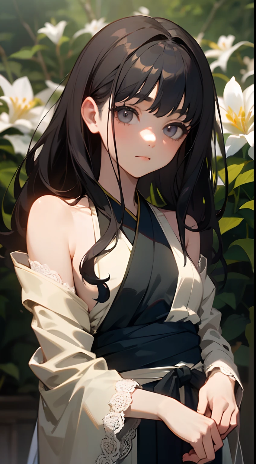 (little girl: 1.5), lace, ribbon, Hanfu, (masterpiece, side light, delicate and beautiful gray eyes: 1.2), masterpiece, realistic, glowing eyes, shiny hair, black hair, long hair, shiny skin, solo, awkward, tube top, delicate, beautiful, garden, flowers, fluttering petals,