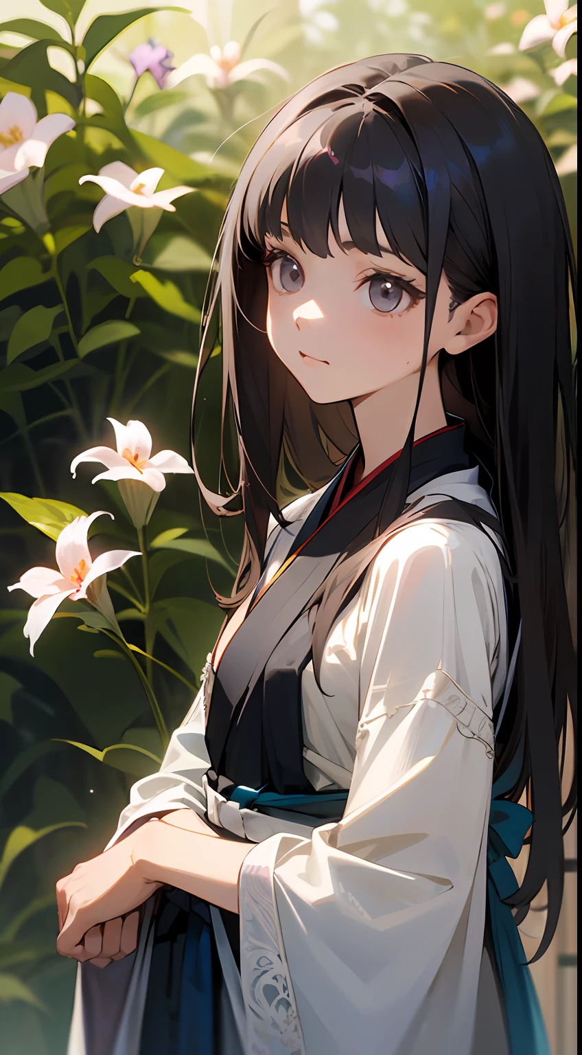 (little girl: 1.5), lace, ribbon, Hanfu, (masterpiece, side light, delicate and beautiful gray eyes: 1.2), masterpiece, realistic, glowing eyes, shiny hair, black hair, long hair, shiny skin, solo, awkward, tube top, delicate, beautiful, garden, flowers, fluttering petals,