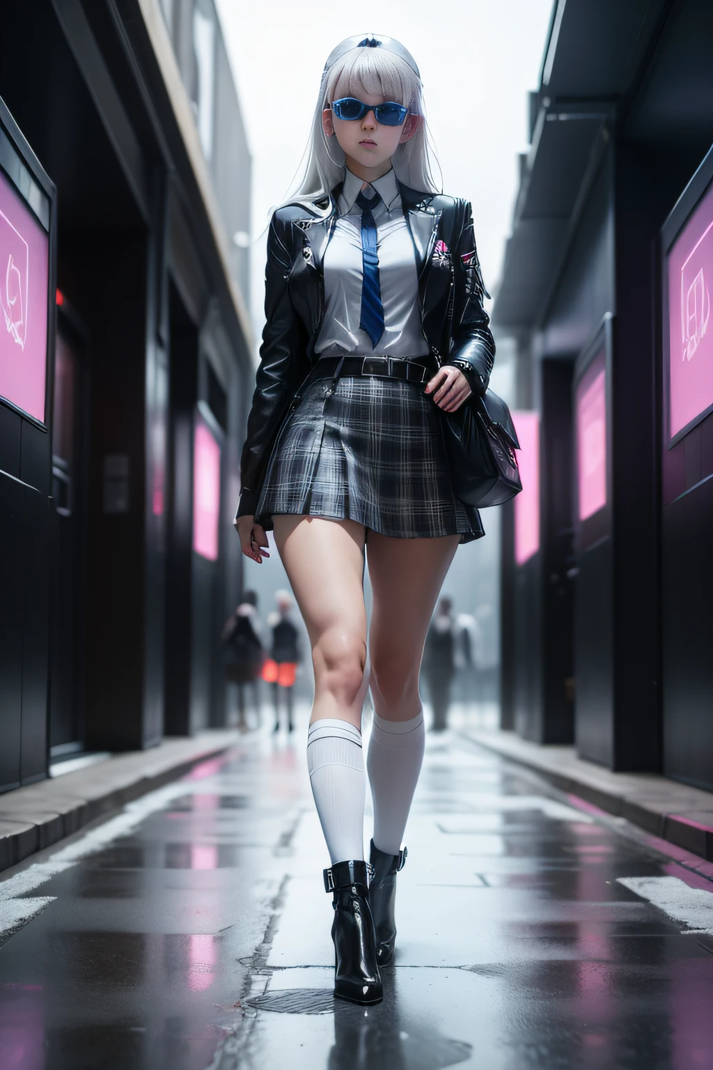 cyber punk perssonage,girls,prette,high and cold,White clothes,a skirt,high-heels,full bodyesbian