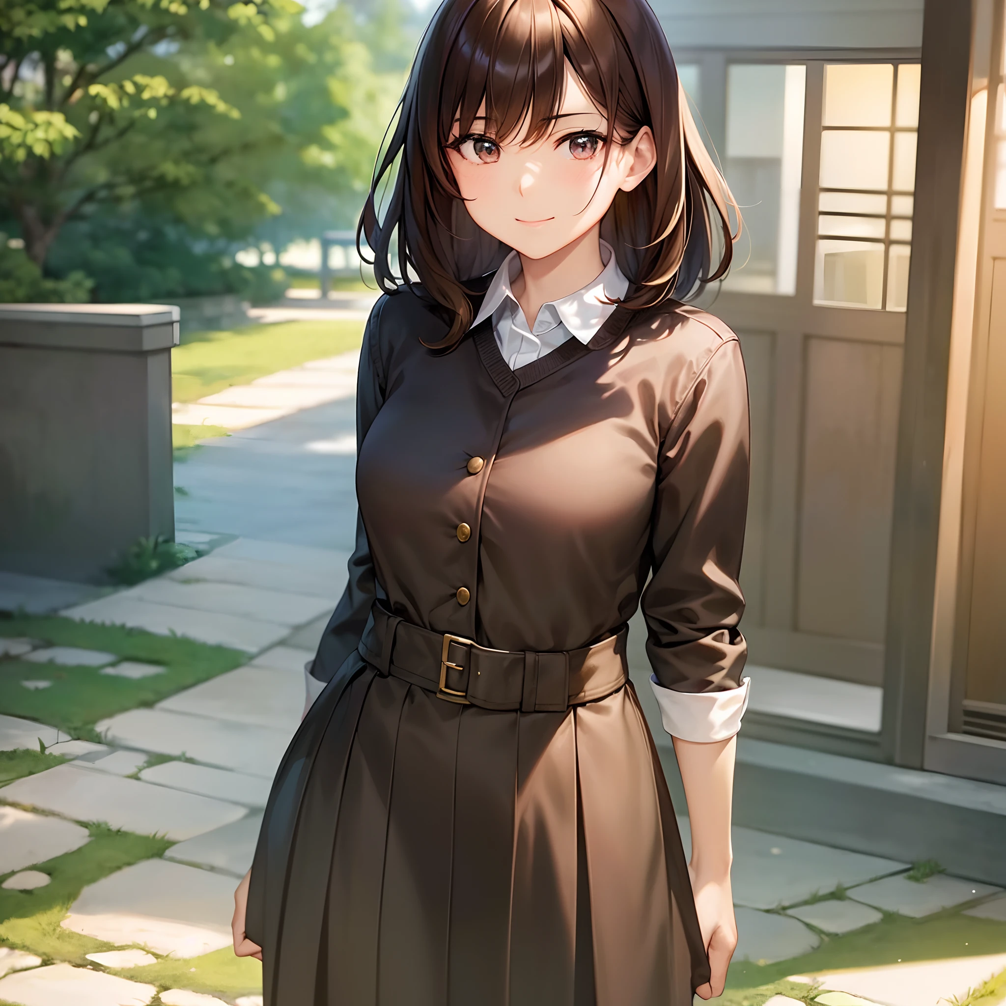 masutepiece, (Best Quality), 1womanl, ,Hamaoka_azusa,  brown haired , Brown eyes,Medium Hair,Skirt Suit,Best Quality , Vibrant colors ,Natural lighting  ,nffsw,   Beautiful, (Detailed face:1.2), showcase, (Beautiful eyes) ,(Photorealistic:1.1), 8K UHD,  Look at viewers,  simple backround、outside of house、full body Esbian、40 years、a matural female、Adults、Strong-minded woman、serious faces、1人、a smile