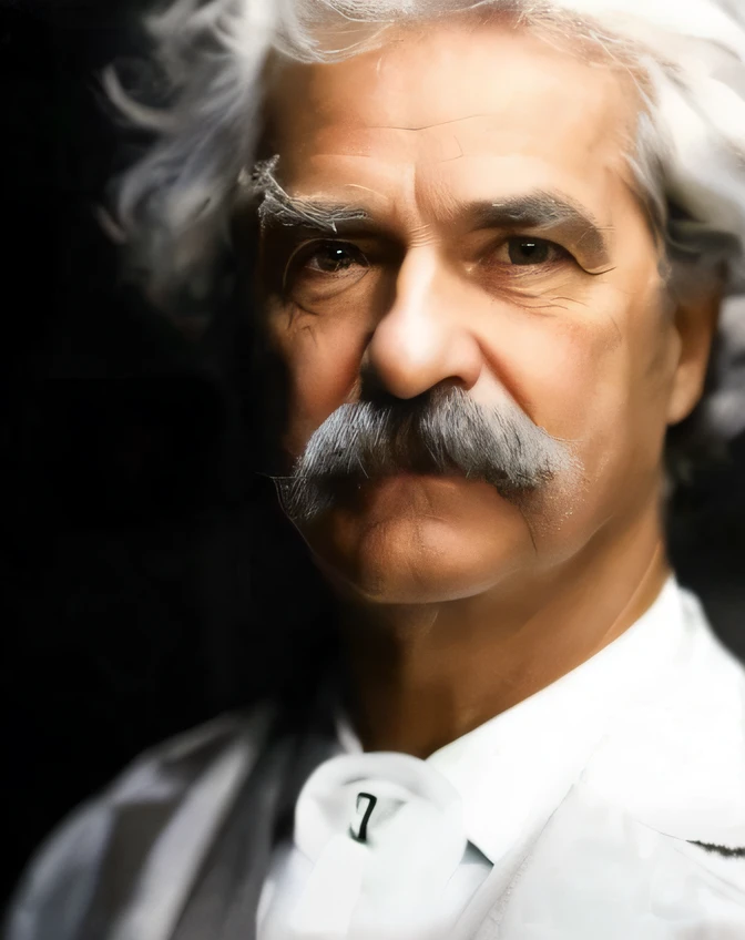 um close up de um homem com bigode e camisa branca, face expressions, Marcos Twain, uma foto colorida, Mark Twain, colorido, colorido 1 9 0 4 foto, foto colorida, fotografia colorida, colorized photon, com bigode aparado, Mark Twain, um louco de cabelos prateados, com bigode, olhar intenso, Velho com bigode, Einstein,8k, alta qualidade, Expressions.