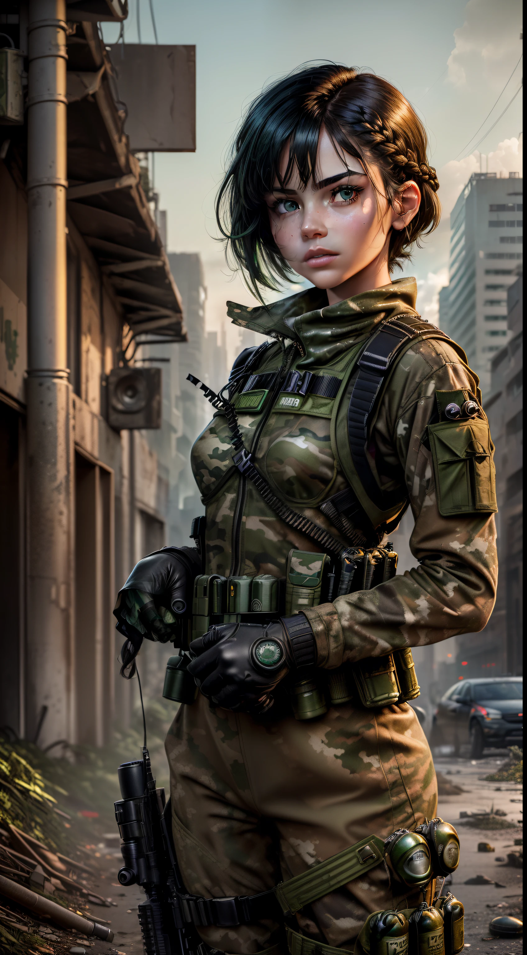 (((masterpiece, best quality))), 1girl, 18 year old, (((caucasian))), (((emerald green eyes))), ((perfect lips)), ((perfect nose)), (((perfect hands))),(((very detailed hands))), (((perfect fingers))), (((perfect eyes))),(((black hair, short hair, straight hair, small braid in her hair))), (((wearing: camouflage suit, camouflage helmet, bulletproof vest, ammo belt, camouflage glove, radio, grenades))), background a post-apocalyptic cityscape with crumbling buildings and overgrown vegetation creates a dystopian atmosphere, ((blurry background)), ((confident)), (((Pose:looking at the camera)))