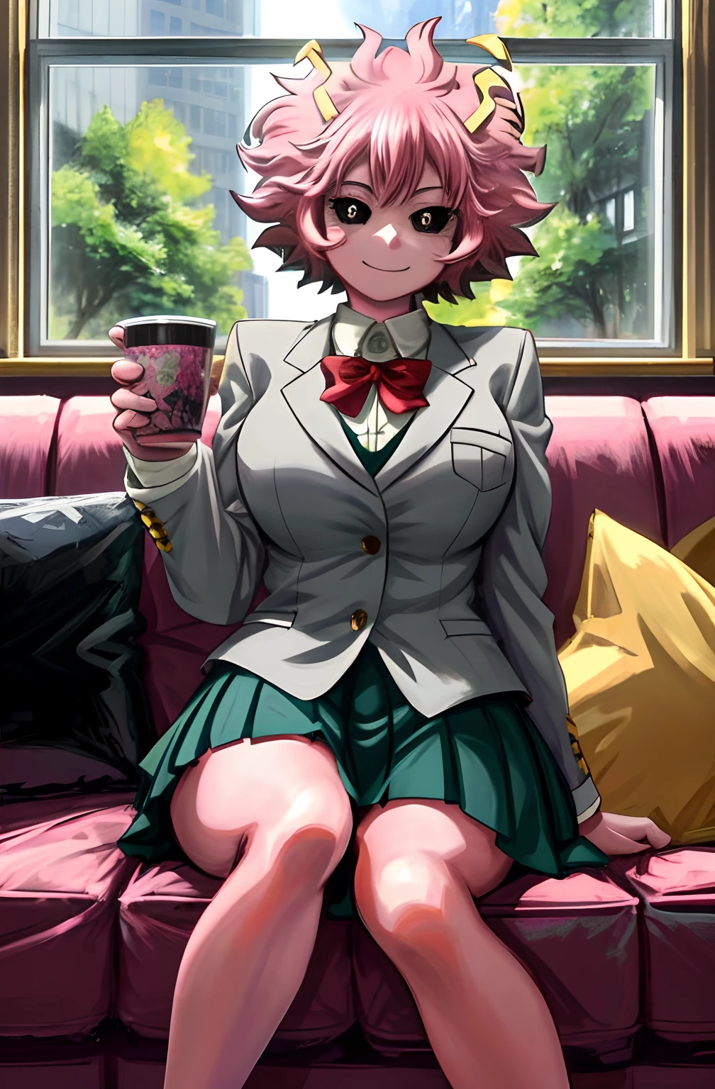 [mina ashido], [Boku no hero academia], ((masterpiece)), ((solo portrait)), ((cute)), ((High definition)), ((anime)), ((Kohei Horikoshi)), ((detailed shading)), ((intricate details)), [mina ashido; (pink skin), big round black eyes, curly pink hair, short eyelashes, large boobs, beautiful legs), {(school uniform); grey blazer, white shirt, red tie, yellow buttons, short blue skirt, (defined leg muscles)}, (cute smile)], {(sitting on couch), (looking at viewer), (hands in lap)}, [Background; (living room); (window), sunny]