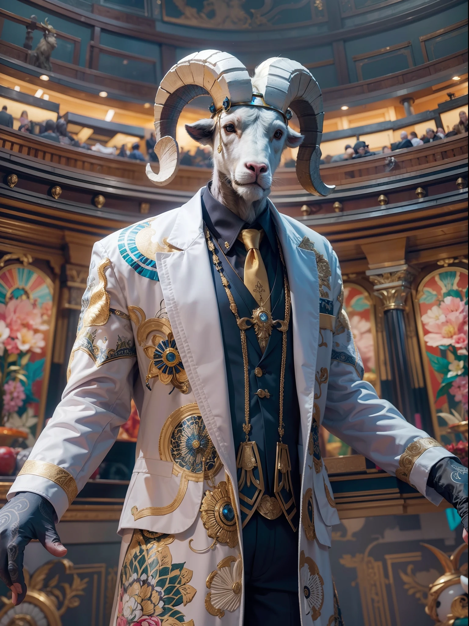 (Ram in luxury business suit、Upright ram、Humanoid ram、Full body photo、Ram in a pose、Cool anthropomorphic ram)、​masterpiece, top-quality, in 8K , intricate detailes, ultra-detailliert , light Particle、32K Digital Paint, Hyper-Realism, Abstract background:1.3, colourfull:1. 3, Zentangle:1.2、
