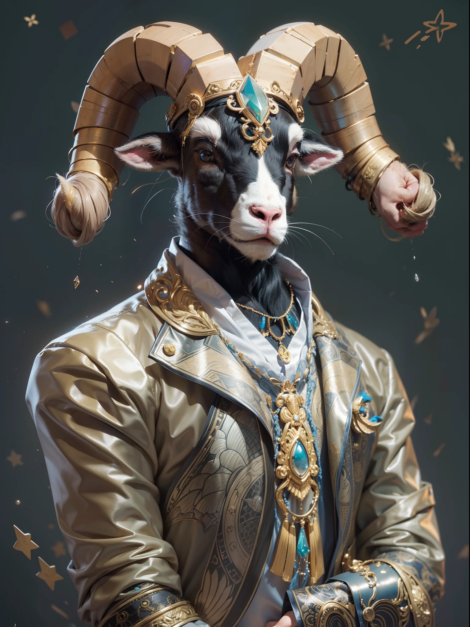 (Ram in luxury business suit、Upright ram、Humanoid ram、Full body photo、Ram in a pose、Cool anthropomorphic ram)、masterpiece, top-quality, in 8K , intricate detailes, ultra-detailliert , light Particle、32K Digital Paint, Hyper-Realism, Abstract background:1.3, colourfull:1. 3, Zentangle:1.2、