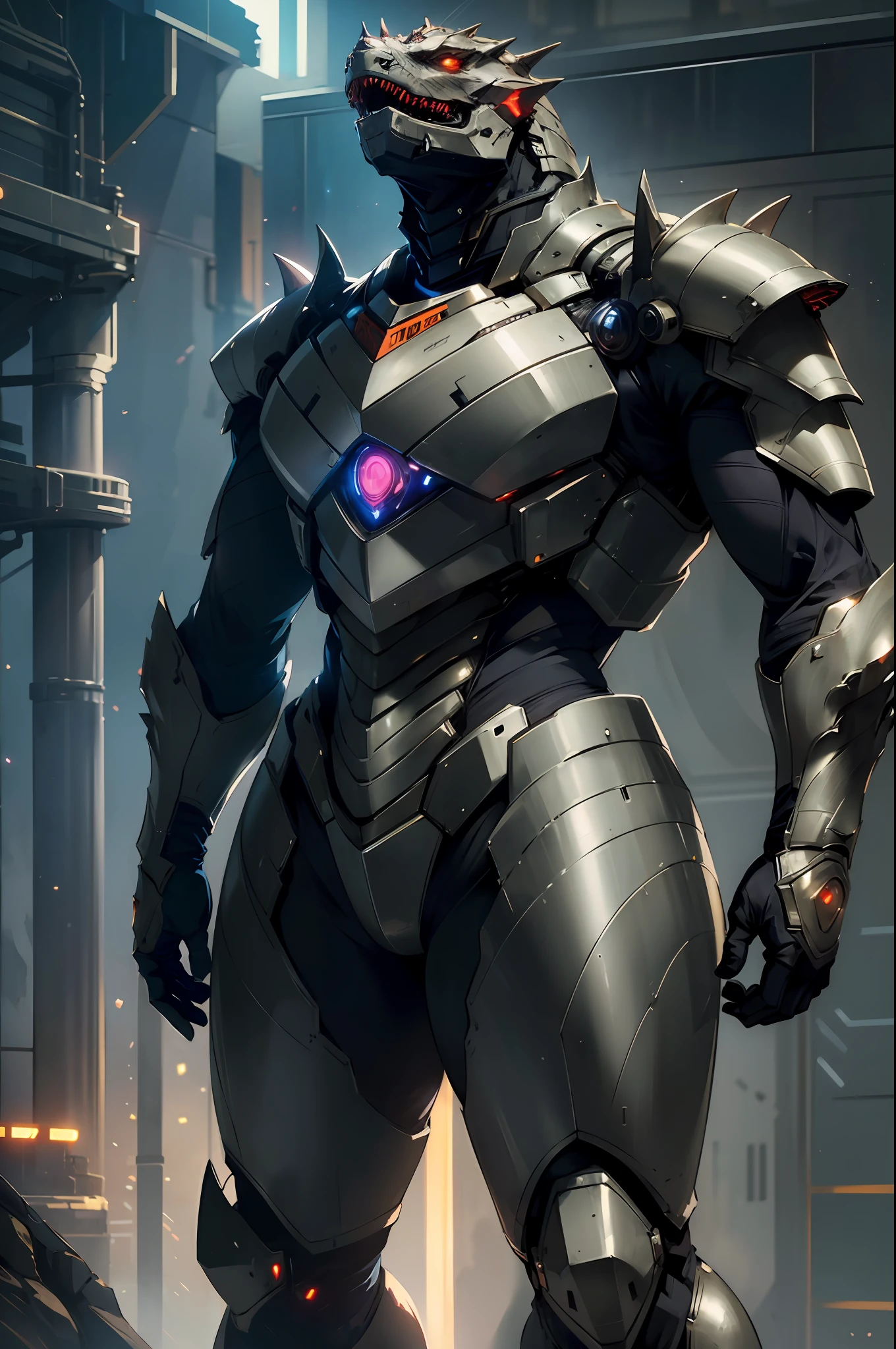 A high-tech combat armor suit inspired by Godzilla concept, Godzilla concept biotech battle armor, (Natural light, professional lighting:1.2, cinematic lighting:1.5, best shadow), (masterpiece:1.5), high definition, best quality, ultra-detailed, extremely delicate, anatomically correct, creativity, RAW photo, unreal engine 5, High-tech armored suits, psychedelic details, BiophyllTech, (add electric power around), fantasy, ultra intricately detailed, Ultra-complex design, A bio-sensitive high-tech battle armor suit infused with Godzilla characteristics, The angular design on the body is illuminated and the display is charging, (energy waves, Energy particles), octane render, perfect images quality, realistic, sure real, full hd, 32k, ((character concept art)), full body character drawing