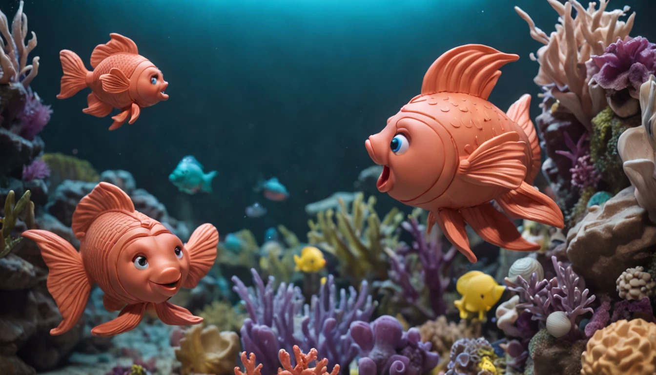 RAW photo, best,masterpiece, best quality, high quality, extremely detailed,There is a balloon sculpture of a fish and other sea creatures, magical 3d details, a bubbling underwater landscape, the magical kingdom of the little mermaid, the environment of the ocean floor.