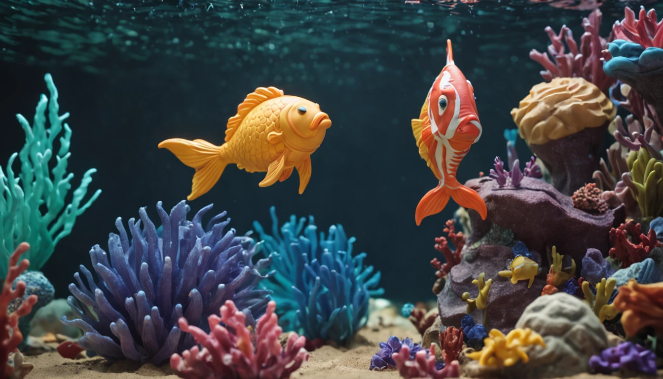 RAW photo, best,masterpiece, best quality, high quality, extremely detailed,There is a balloon sculpture of a fish and other sea creatures, magical 3d details, a bubbling underwater landscape, the magical kingdom of the little mermaid, the environment of the ocean floor.
