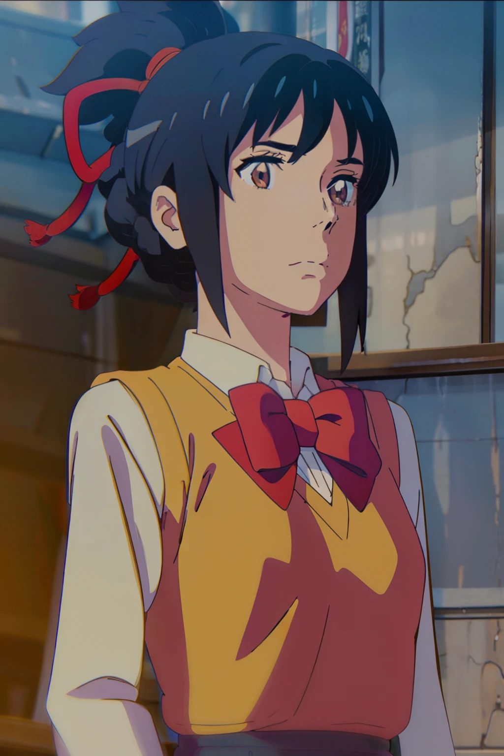 miyamizu_mitsuha, red bowtie, yellow school uniform, white shirt, black school skirt, jewelry, hands on chest, looking at viewer, hair ornament, choker, shy, (masterpiece, top quality, best quality, official art, beautiful and aesthetic:1.2), (1 girl), extreme detailed, colorful, highest detailed, (breasts:1.2, upper body, from below,