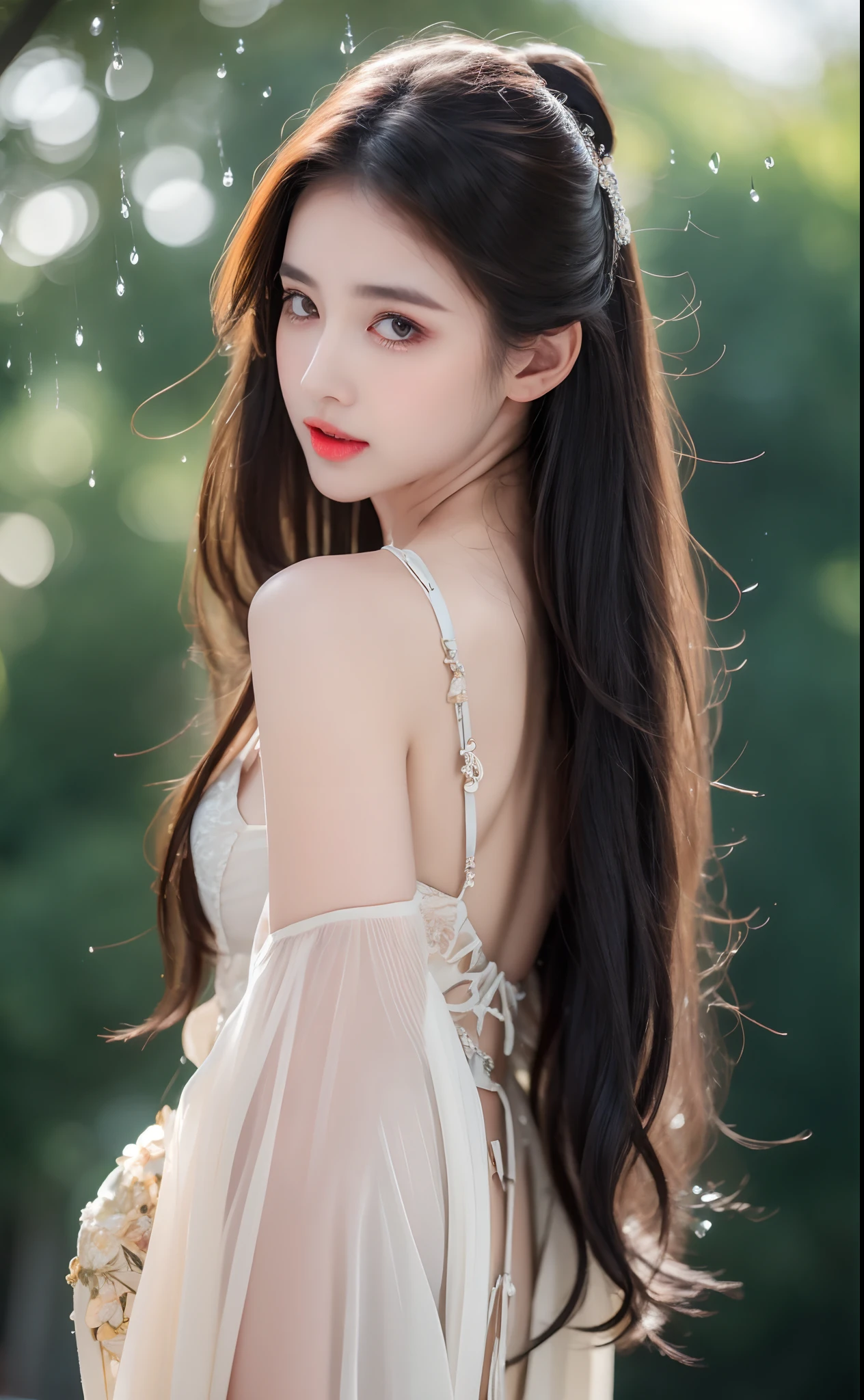 ((Best Quality, 8k, Masterpiece: 1.3)), Focus: 1.2, Perfect Body Beauty: 1.4, Buttocks: 1.2, ((Layered Haircut)), (Wet Clothes: 1.1), (Rain, Street:1.3), (Breasts: 1.2), (Hanfu: 1.2), Bare Shoulders, Bare Legs, Highly Detailed Face and Skin Texture, Fine Eyes, Double Eyelids, Whitened Skin, Long Hair, (Shut Up: 1.5), (Bokeh Background: 1.5), Big Breasts