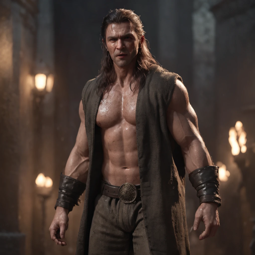 (professional 3d render:1.3) af (Realistic:1.3) most beautiful artwork photo in the world,Features soft and shiny male heroes, ((Epic hero fantasy muscle man rough wet hero angry look long hair short beard and ferocious expression in dynamic pose, Fantastic location, Majestic cluttered environment)), full body 8k unity render, action shot, skin pore, very dark lighting, heavyshading, Detailed, Detailed face, (vibrant, photograph realistic, Realistic, Dramatic, Dark, Sharp focus, 8K), (Old leather garments damaged by weathering:1.4), ((((Wear fur)))), (Intricate:1.4), decadent, (Highly detailed:1.4), Digital painting, rendering by octane, art stations, concept-art, smooth, Sharp focus, illustration, Art germ, (loish:0.23), wlop ilya kuvshinov, and greg rutkowski and alphonse mucha gracias, (Global illumination, Studio light, volumettic light), heavy rain, particles floating, lotr, fantasy, elf, full bodyesbian, ((Dark and ancient city background:1.3)),CGSesociety,art stations