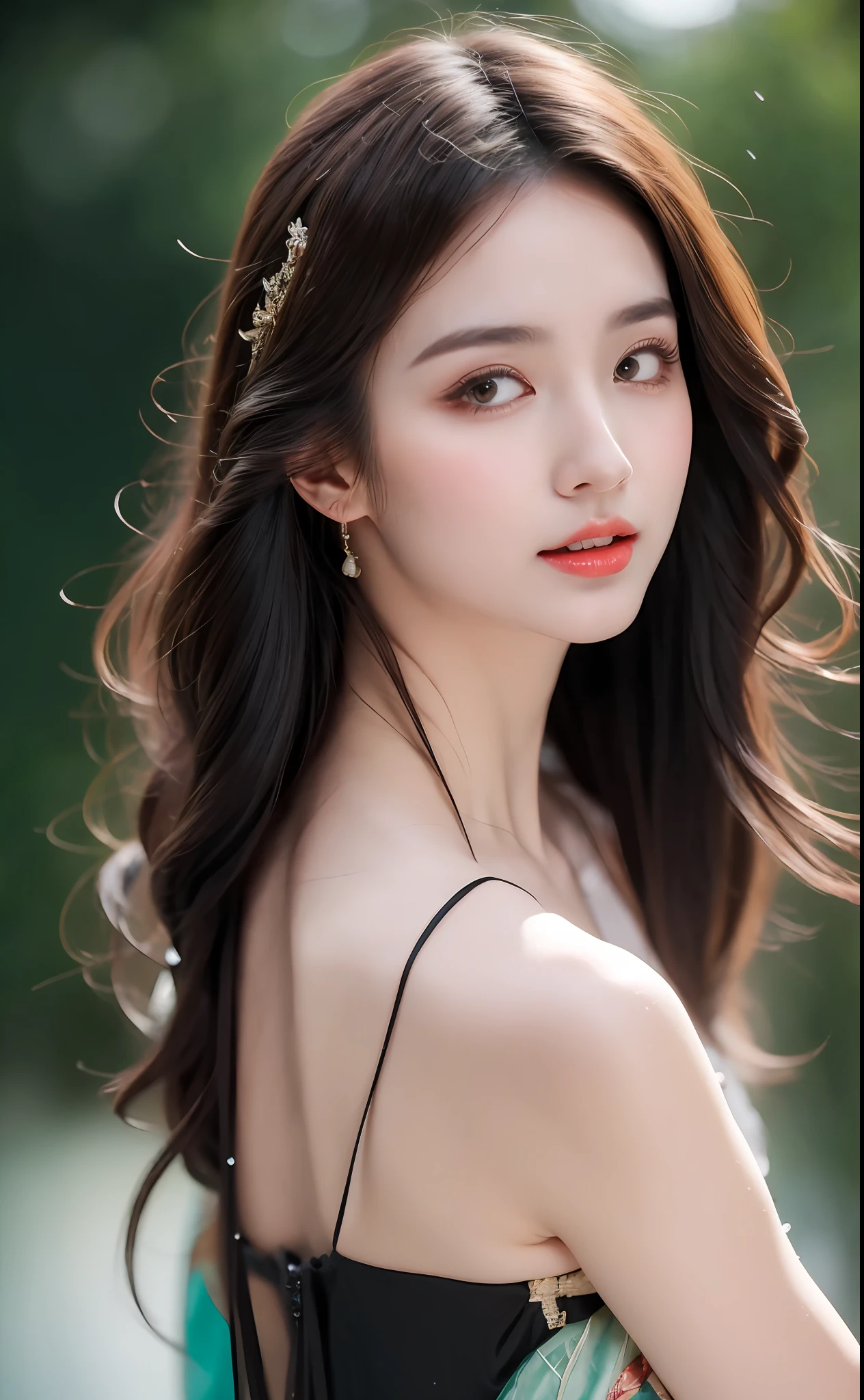 ((Best Quality, 8k, Masterpiece: 1.3)), Focus: 1.2, Perfect Body Beauty: 1.4, Buttocks: 1.2, ((Layered Haircut)), (Wet Clothes: 1.1), (Rain, Street:1.3), (Breasts: 1.2), (Hanfu: 1.2), Bare Shoulders, Bare Legs, Highly Detailed Face and Skin Texture, Fine Eyes, Double Eyelids, Whitened Skin, Long Hair, (Shut Up: 1.5), (Bokeh Background: 1.5), Big Breasts