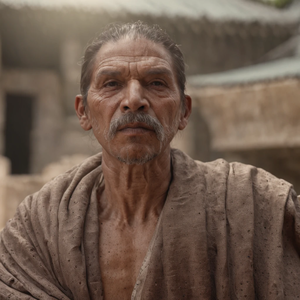 (Professional 3D rendering:1.3) de (Realistic:1.3) Foto de arte mais bonita do mundo,Features soft, bright male heroes, ((man possesses a face enriched by time and experience. Sua testa exibe rugas discretas, The result of numerous reflections. Sobrancelhas arqueadas ressaltam seus olhos castanhos escuros, profundos e perspicazes. O nariz reto e a boca suavemente curvada refletem serenidade. Uma barba bem cuidada, salpicada de prata, frames your jaw)), corpo inteiro 8k unidade render, action shot, poros da pele, very dark lighting, sombreamento pesado, circunstanciado, Rosto detalhado, (vibrante, fotogrdeia realista, Realistic, Dramatic, Escuro, foco nítido, 8k), (Old leather clothes damaged by bad weather:1.4), ((((Use peles)))), (intrincado:1.4), decadente, (altamente detalhado:1.4), pintura digital, rendering by octane, art stations, Conceito-Arte, liso, foco nítido, illustration, germe da arte, (Loish:0.23), Wlop Ilya Kuvshinov, e Greg Rutkowski e Alphonse Mucha Gracias, (global ilumination, studiolight, Light Volumetric), chuva forte, floating particles, patife, fantasia, Onze, corpo inteiroesbian, ((Fundo escuro e antigo da cidade:1.3)),CGSesociedade,art stations