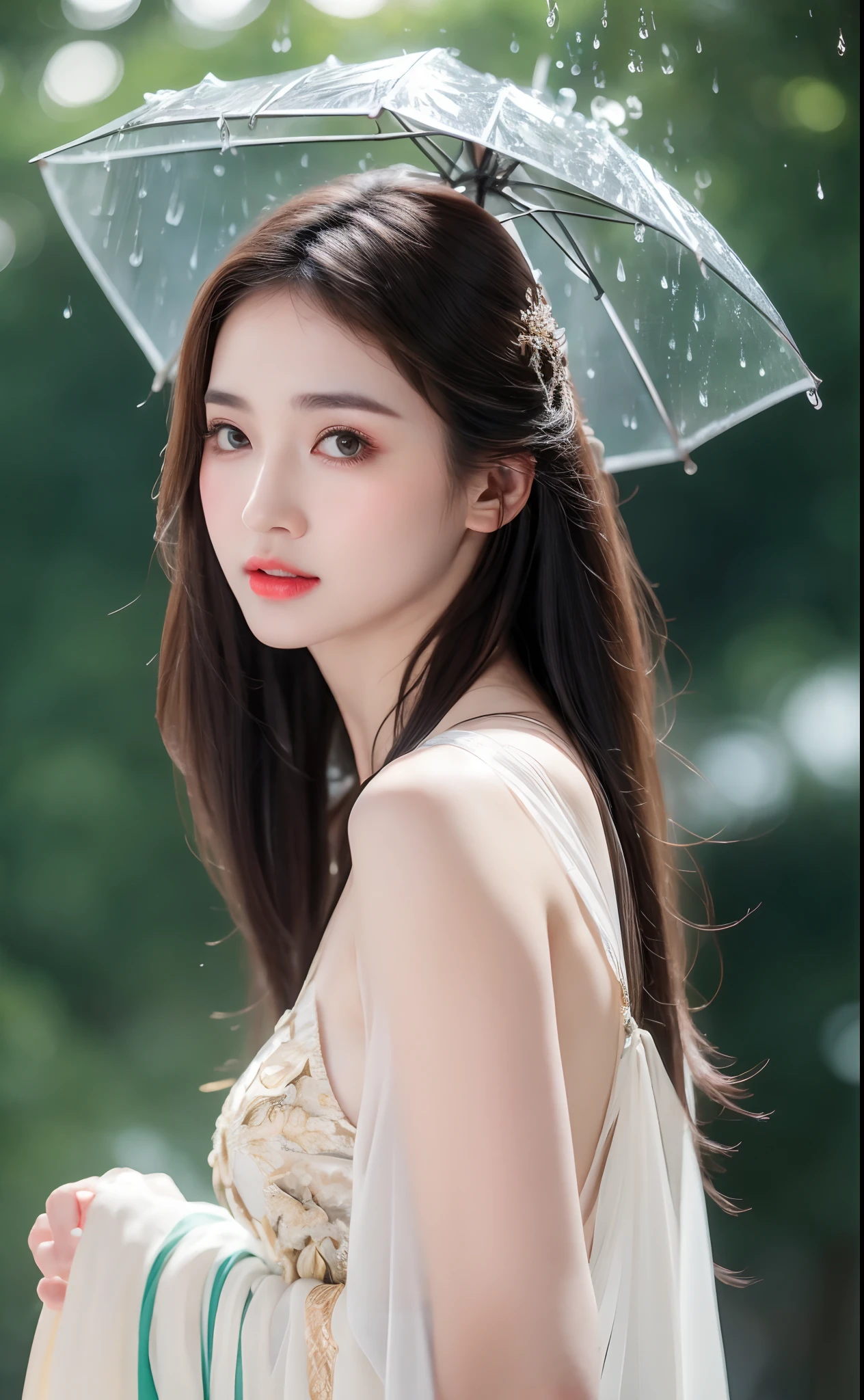 ((Best Quality, 8k, Masterpiece: 1.3)), Focus: 1.2, Perfect Body Beauty: 1.4, Buttocks: 1.2, ((Layered Haircut)), (Wet Clothes: 1.1), (Rain, Street:1.3), (Breasts: 1.2), (Hanfu: 1.2), Bare Shoulders, Bare Legs, Highly Detailed Face and Skin Texture, Fine Eyes, Double Eyelids, Whitened Skin, Long Hair, (Shut Up: 1.5), (Bokeh Background: 1.5), Big Breasts