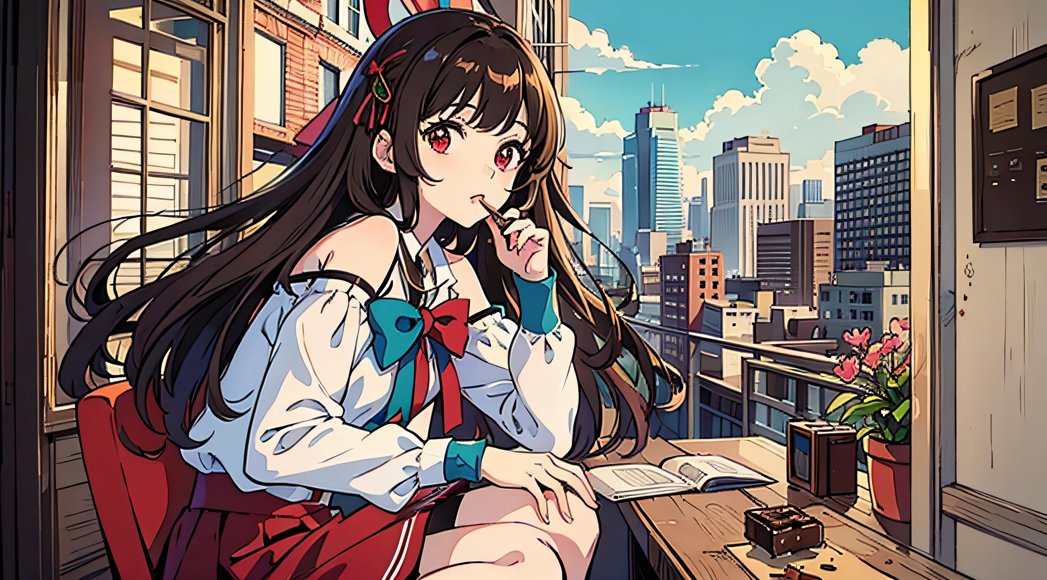 hoang lap、ultra - detailed、best qualtiy、offcial art、Break、chocolate、Beautiful highschool girl、Break、brown、Slightly colored hair、Red eyes、Long dress、Valentine's Day、Break、Country of sweets、Lots of colorful sweets、Gumi Break、shortsleeves、a skirt、Shoulders bare、Break、Chocolate Book、Break、White ribbon、Break、