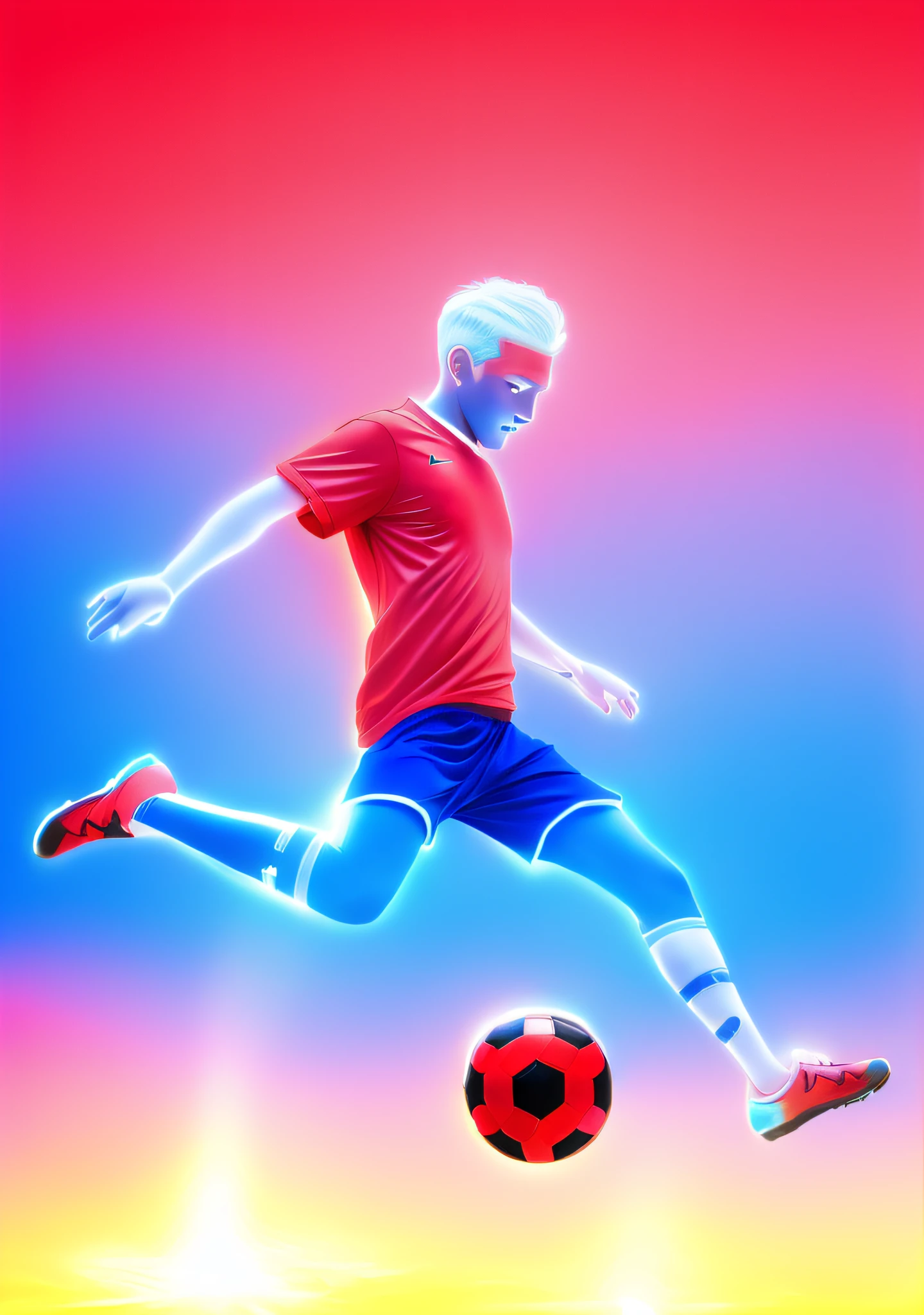 soccer player，red short sleeves，blue short pants，white legwear，The edges glow，Dynamic interpretation。