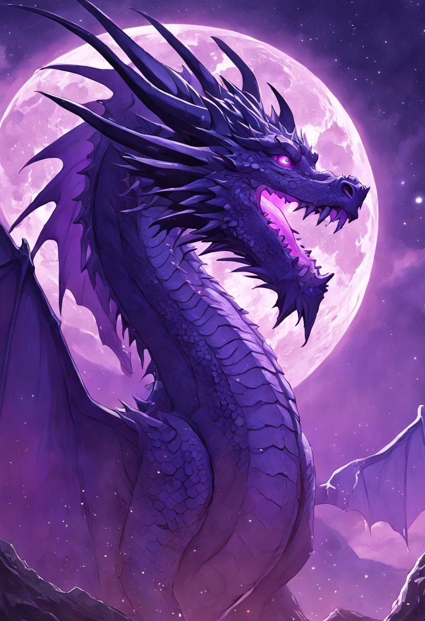 Fantasy digital artwork featuring a majestic dragon with intricate details. The dragon has a dark purple, almost black, scaly body with a long, sinuous neck and tail. Its wings are large and bat-like, with a gradient of blue to purple hues, semi-translucent and veined, giving a mystical appearance. The dragon's head is adorned with sharp, menacing horns and glowing eyes. In the foreground, the phrase "Artvision1999" is prominently displayed in 3D, graffiti-style metallic letters, adding a modern, edgy touch to the surreal landscape. The background showcases a surreal landscape with jagged mountains and a large, ethereal moon in a purple sky, adding to the otherworldly atmosphere. The overall color palette is ted by shades of purple and blue, creating a cohesive and enchanting scene.anatomically correct, super detail, high quality, 4K