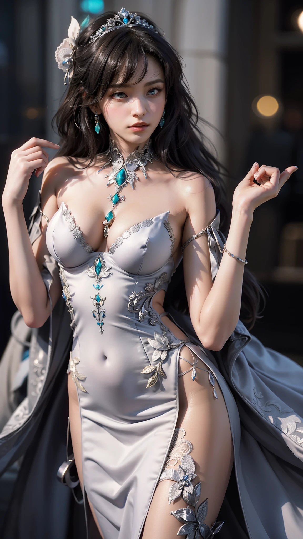 tmasterpiece，Best picture quality，HD 8K wallpaper，Beautiful picture，Elegant single woman，Round dress，Shiny eyes，Detail at its best，An exquisite masterpiece，Pure beauty and lightness，Moderately aesthetic，Gentle and elegant，Attention to detail，Cyan white lace round princess dress，Immortal