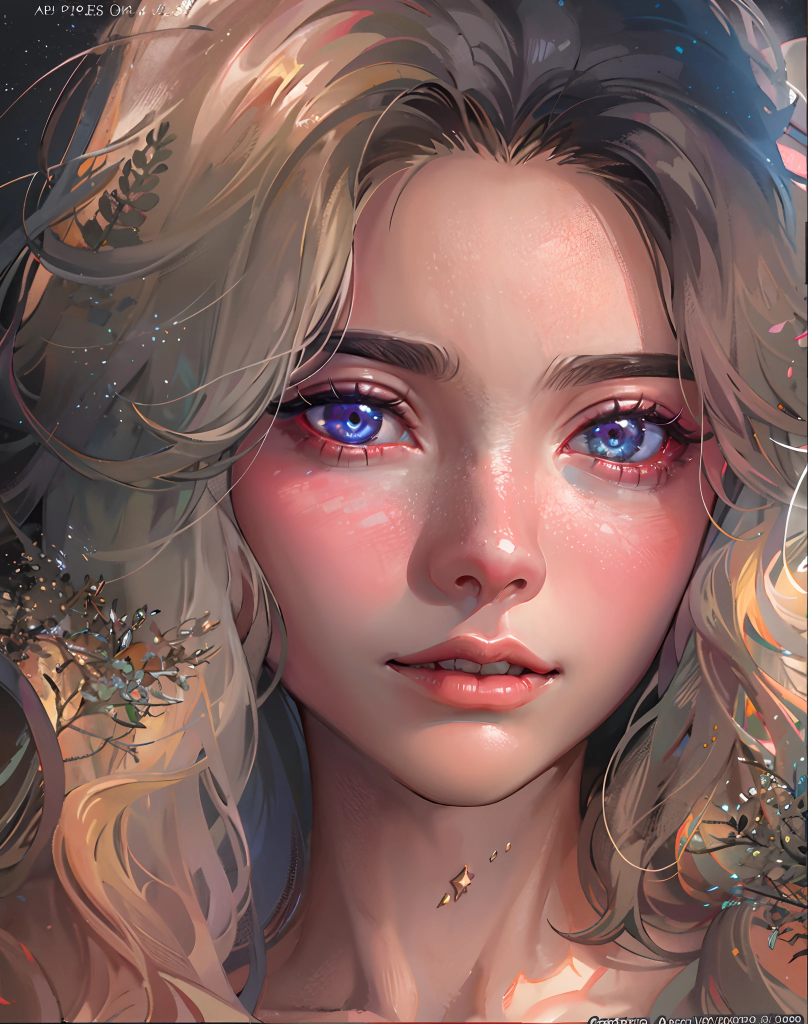 {{Masterpiece}}，Best quality at best，Very detailed CG unity 8K wallpaper，Sweet girl，The upper part of the body，Cover your hands，Bigchest，电影灯光，lens flare glow，beatiful detailed eyes，The color hair，Colorful light，particulate，（a color：1.5），（The color hair:1.5),perfect bodies，Perfect face，fashionable attire，clothes see-through，There is light in the eyes，Colored shiny spots，Sharp eyes，Smile sweetly，Blushlush，Beautiful face，perfect bodies